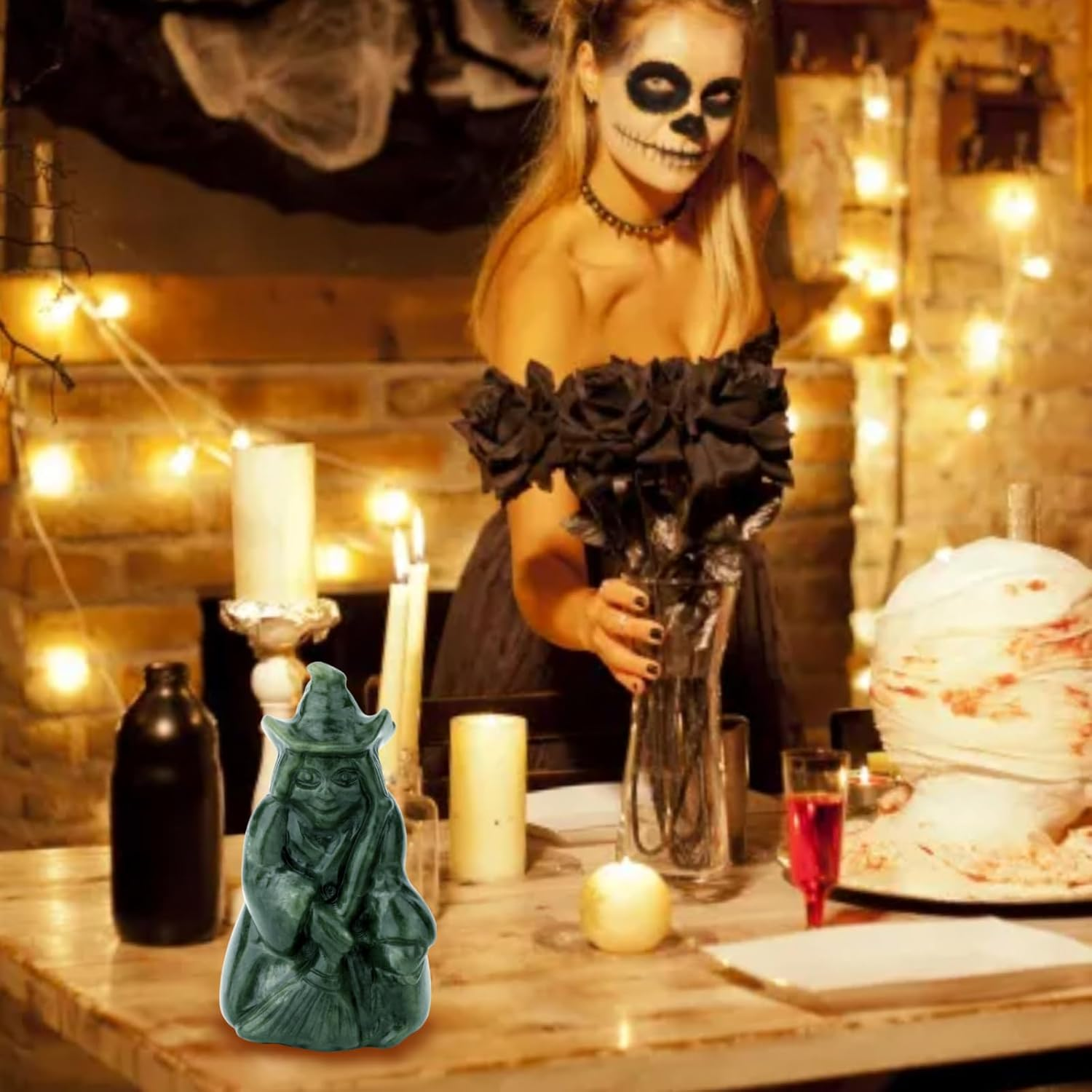 Gemshan Witch Figurine for Halloween Decorations,Jade Statue with Magic Witch Holding Broom Sculpture Spooky Halloween Decor for Home Table Tray Shelf image number 5