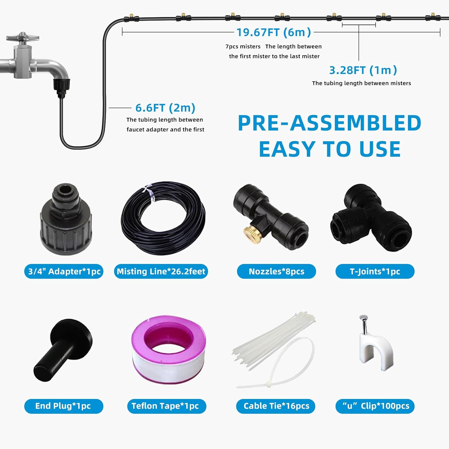 Chicken Coop Misting Cooling System,Misting Hose for Patio with 26FT Misting Line + 8Mist Nozzles +3/4" Adapter& T-Joints Perfect for Cooling Chicken Coops during Summer image number 2