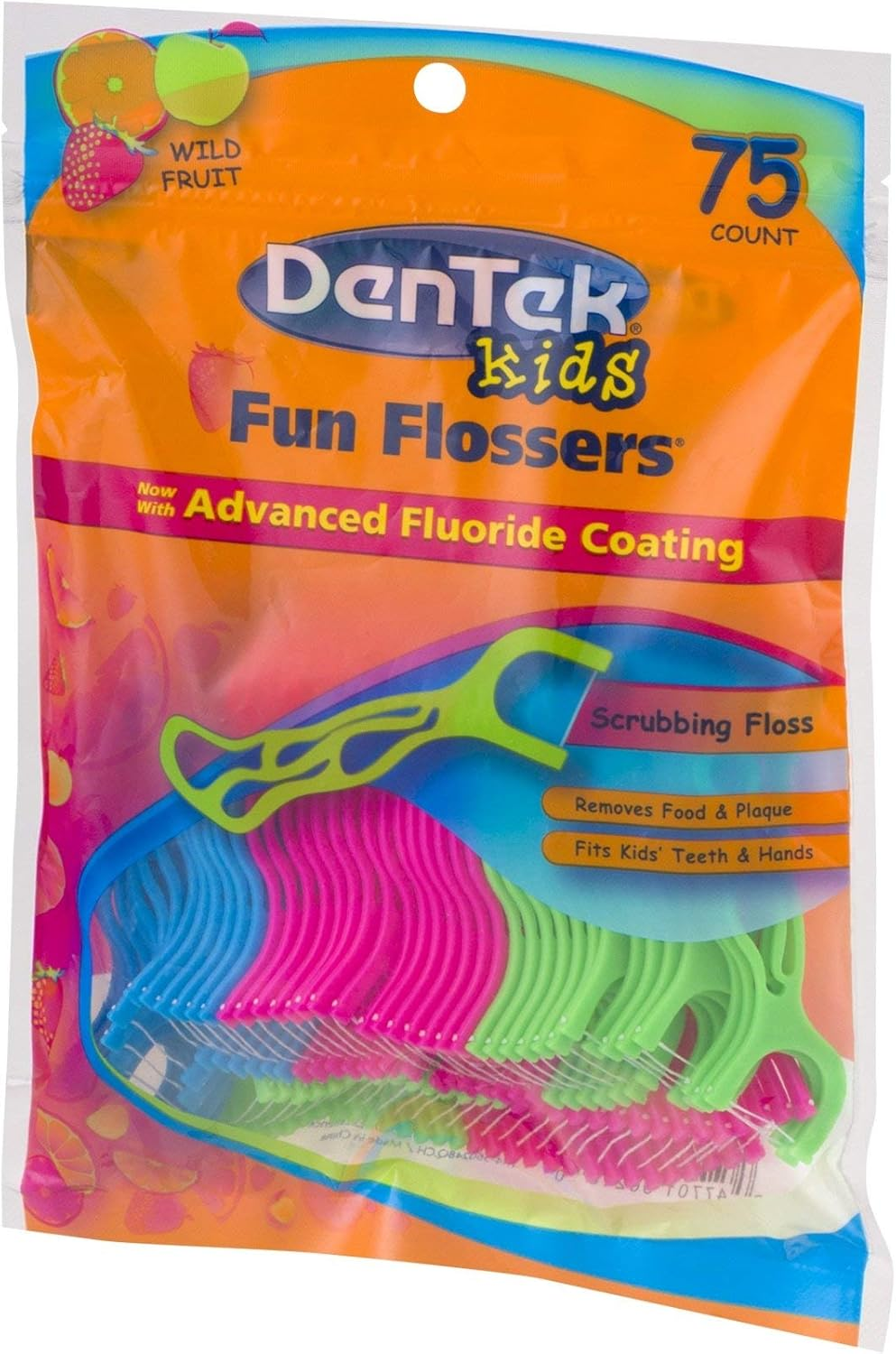 Dentek Kids Fun Flossers, Removes Food & Plaque, Wild Fruit Flavored Floss Picks, 75 Count, 6 Pack image number 1