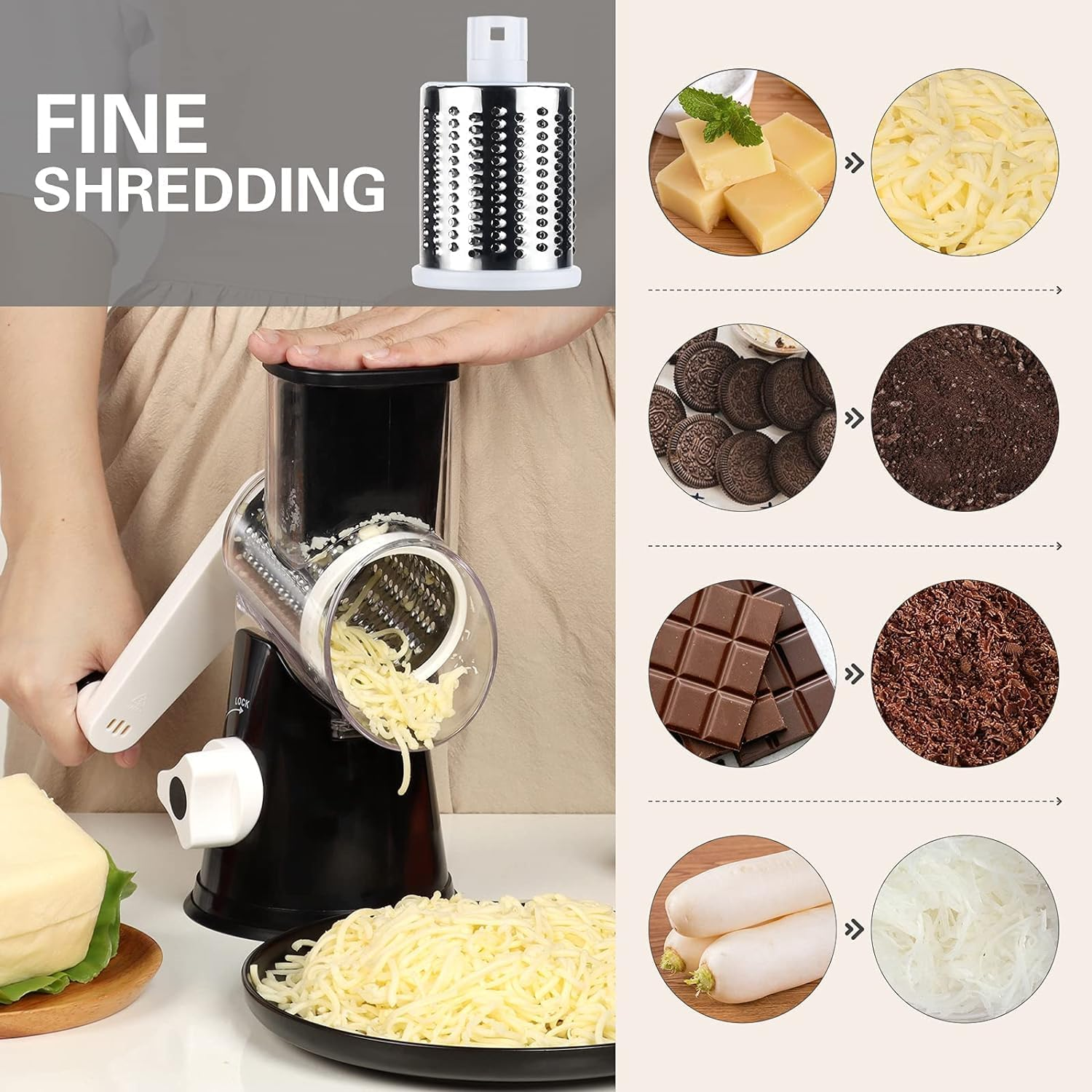Cozioz 3-In-1 Rotary Cheese Grater with Handle &ndash; Stainless Steel Blades, Hand-Crank Cheese Shredder & Slicer, Easy to Clean with Storage Box image number 5