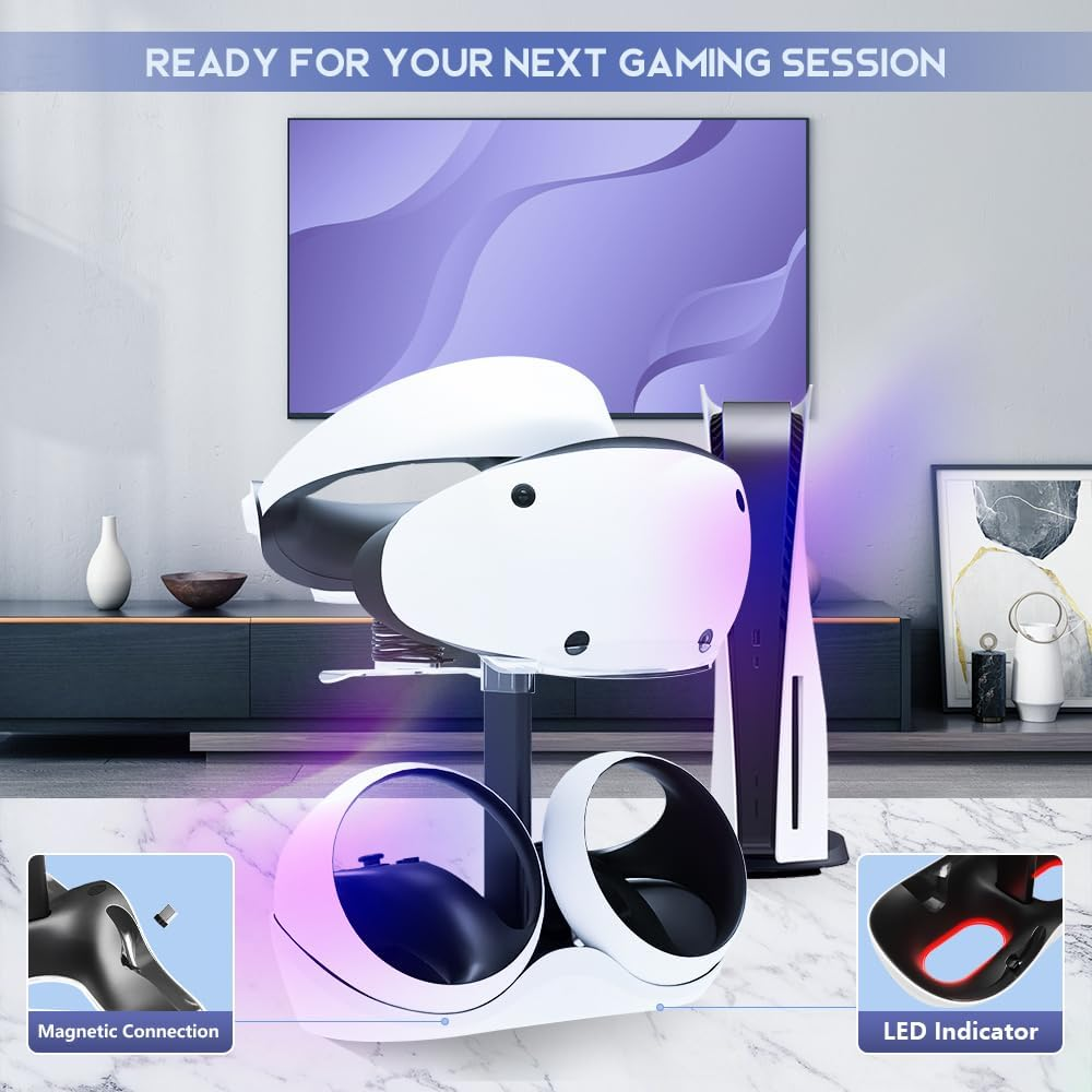 HONCAM Charging Station for PSVR 2, Multifunction PSVR2 Stand with 7 RGB Light, Headset Display Stand, Sense Controllers Charger Dock, Magnetic Connector, Type-C Cable, White