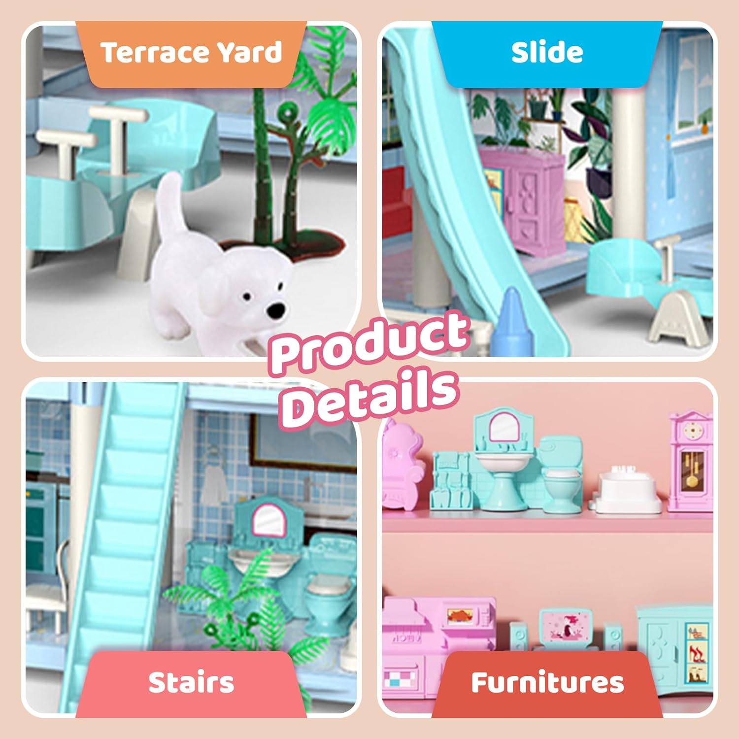 Doll Houses for Girls, Dream Dollhouse Pretend-Play DIY Playhouse Kit Toy - 5-Story 16 Rooms Dollhouse with 4 Dolls & Furniture & Flashing Lights Princess Building Doll House for Ages 3 4 5 6 7 8 image number 2