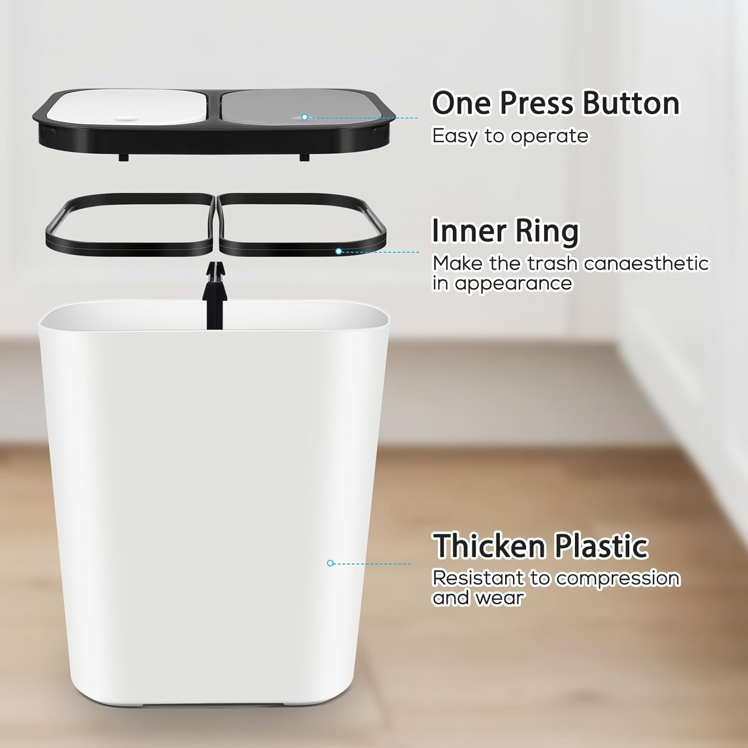DECHOUS Dual Compartment Rubbish Bin with Pop up Lid 15L Kitchen Trash Can Recycling Garbage Bin for Home, Office, Living Room, Bedroom image number 3
