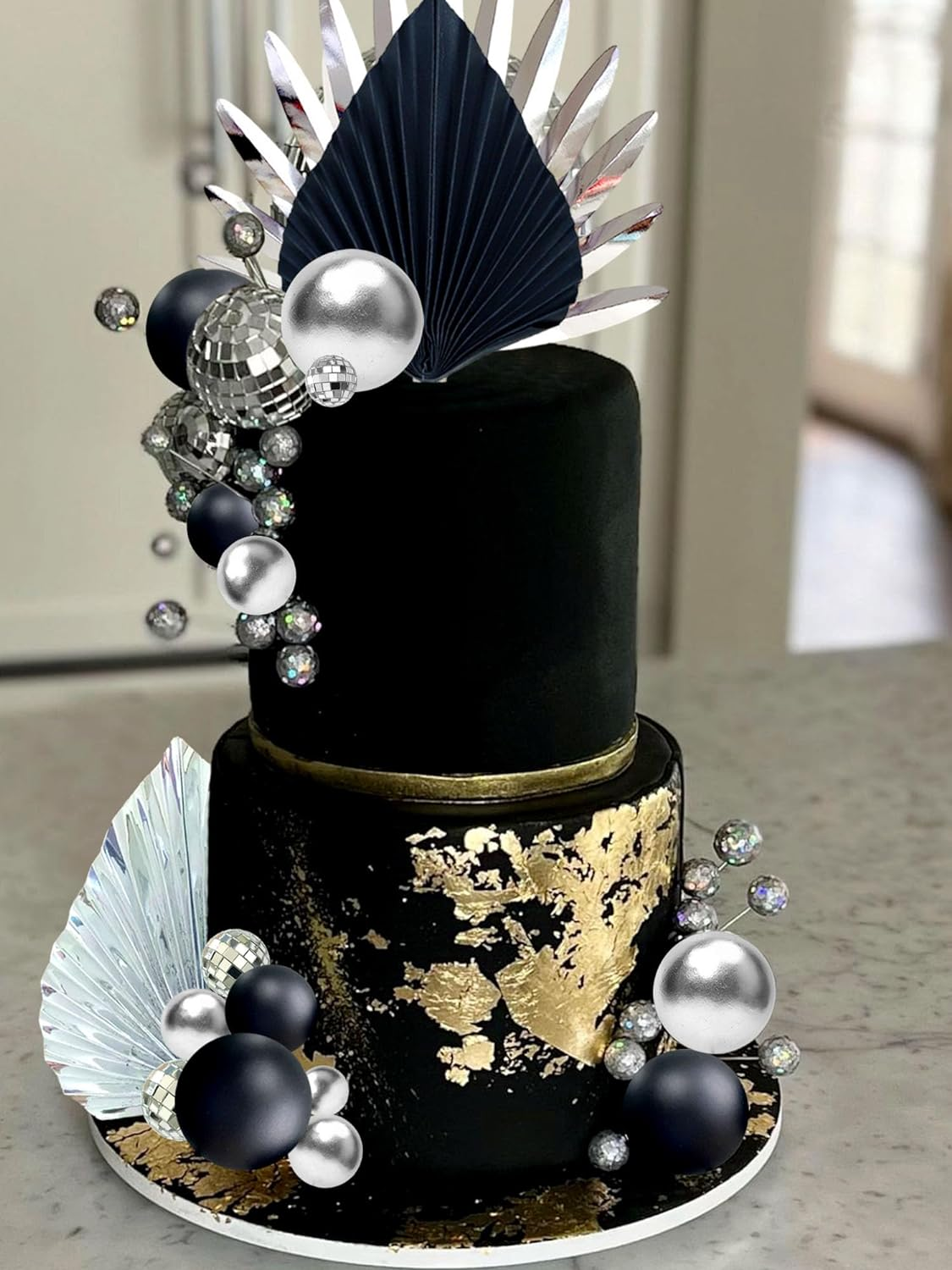 Jevenis Black Sliver Disco Balls Cake Decoration Silver Palm Leaves Cake Decoration Stars Cake Decoration 70S Party Supplies 70S Birthday Cake Decoration Disco Bachelorette Party Supplies image number 4