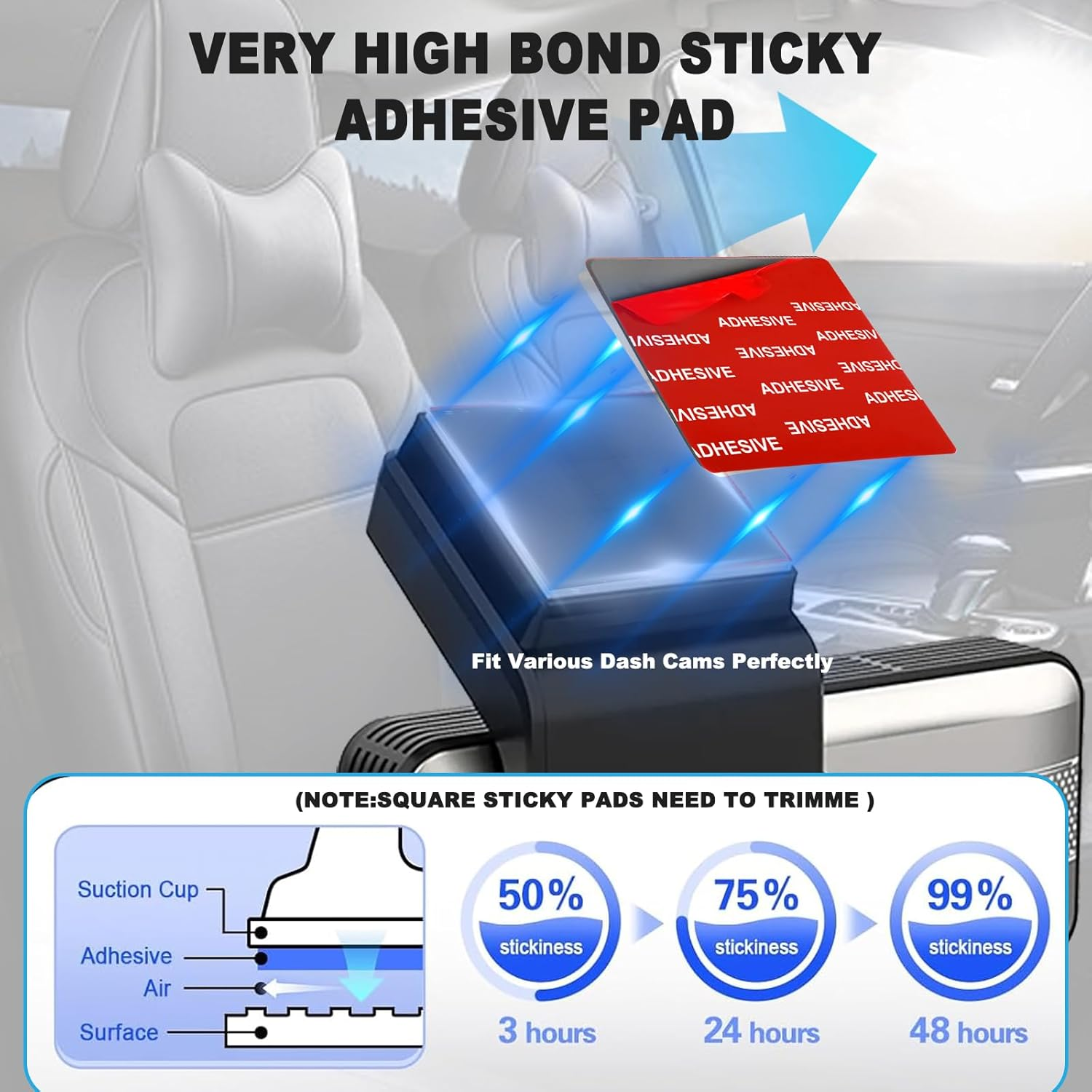 ILKCC Very High Bond Sticky Adhesive Pad for Dash Cam Windshield, 4Pcs 2.83" Square Heat-Resistant Double-Sided Replacement Sticker for Dashcam Car Mount, Glue Strip Tape for Suction Cup Phone Holder image number 4