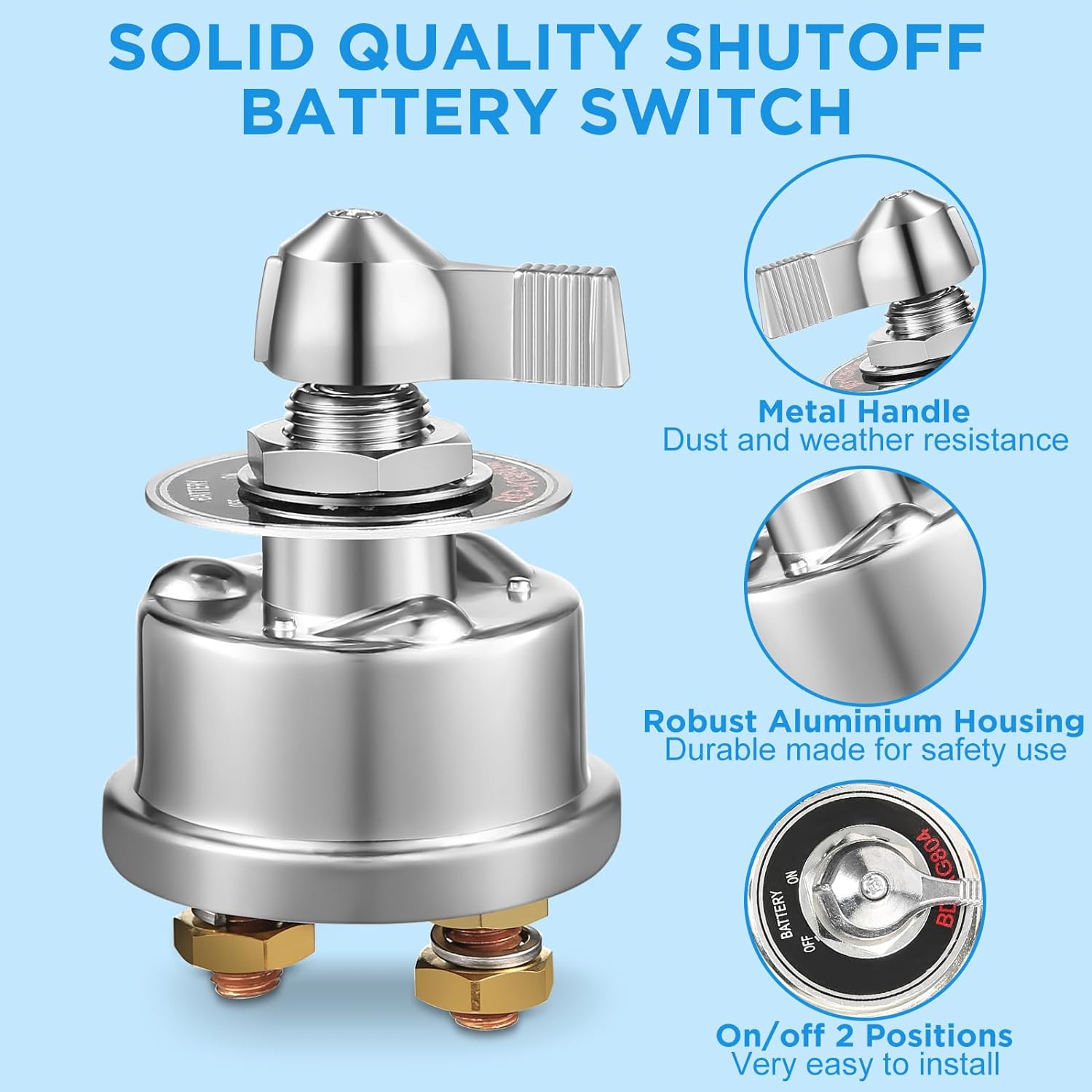 High Current Master Battery Disconnect Switch, 12V-48V Heavy Duty Battery Isolator Switch with Face Plate, 300A Waterproof Marine Battery Shut off Switch for RV Marine Boat Vehicle Truck image number 2