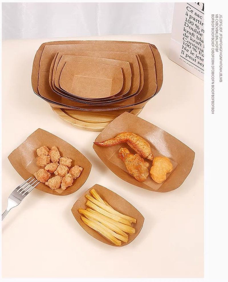 YC-GREHUN 100 Pcs Disposable Brown Kraft Paper Food Tray for French Fries and Nachos, BBQ Popcorn Party, Picnic and Wedding Party Snack Food Serving Tray image number 2