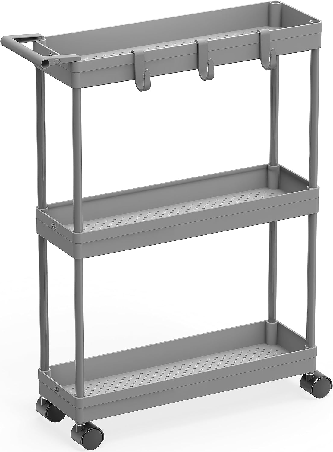 Simplehouseware 3-Tier Slim Rolling Cart with Handle and Hooks for Kitchen and Bathroom Trolley, Grey image number 6