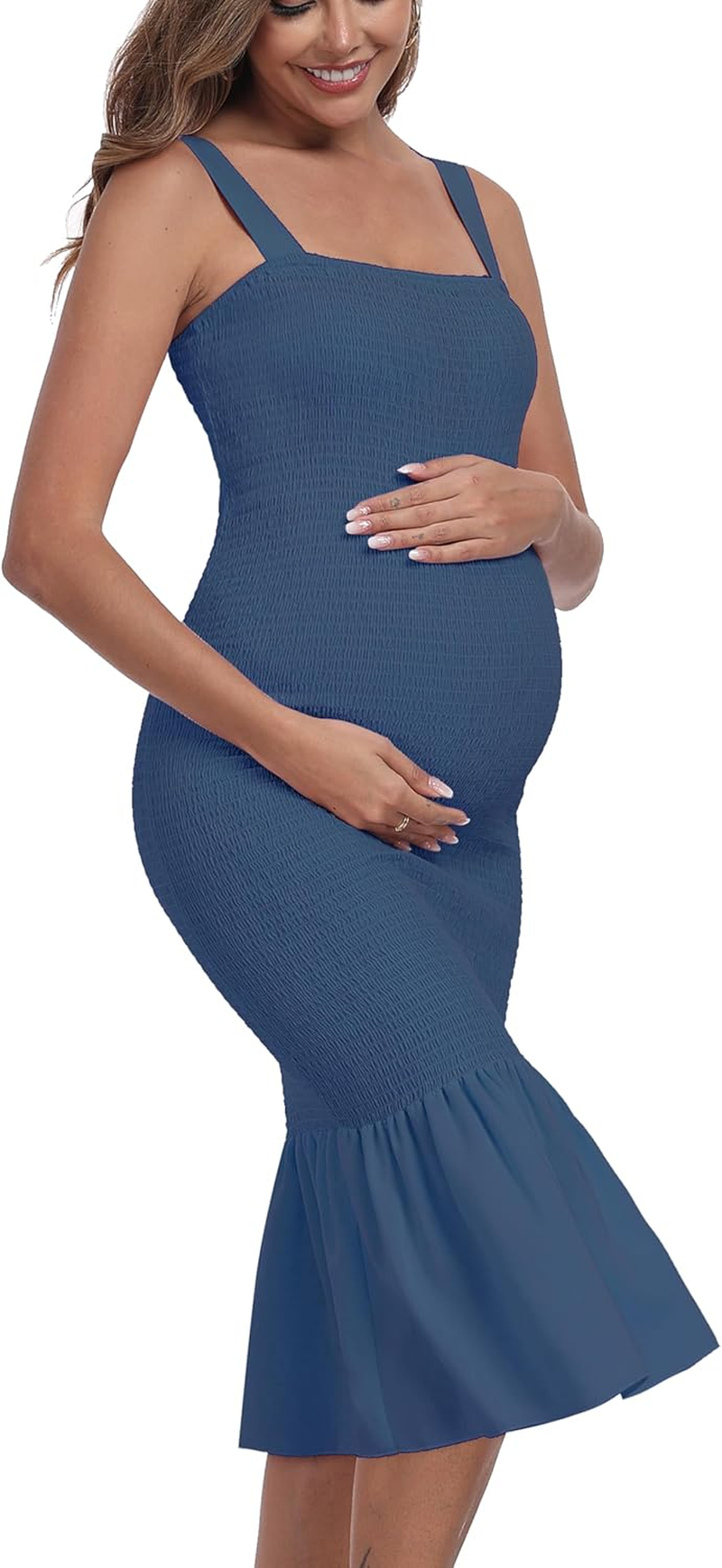 Summer Tank Maternity Dress Sleeveless Strappy Midi Bodycon Square Neck Ruffle Mermaid Smocked Dress for Baby Shower