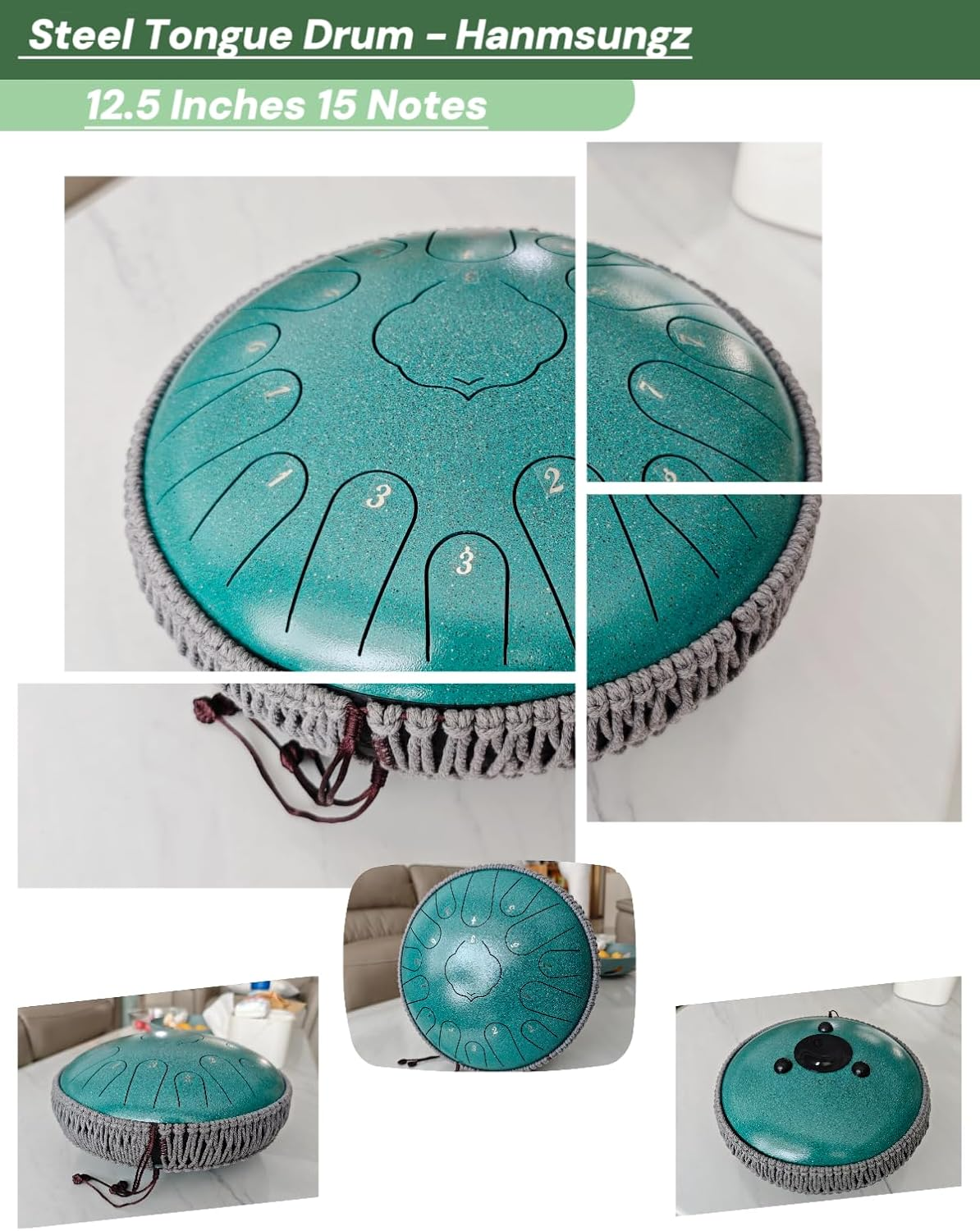 Steel Tongue Drum12.5 Inch 15 Note Handpan Percussion Instrument (Green)