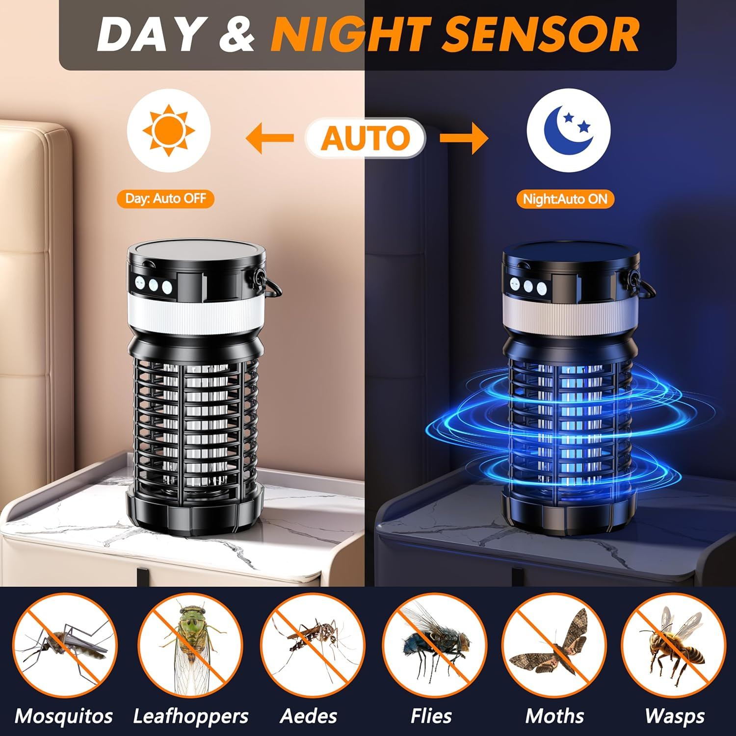 Solar Bug Zapper Outdoor, 2 in 1 Mosquito Zapper with LED Light, Rechargeable Cordless Fly Zapper with 4000Mah Battery, Waterproof Pest Control for Home, Patio, Backyard, Camping, Garden image number 2