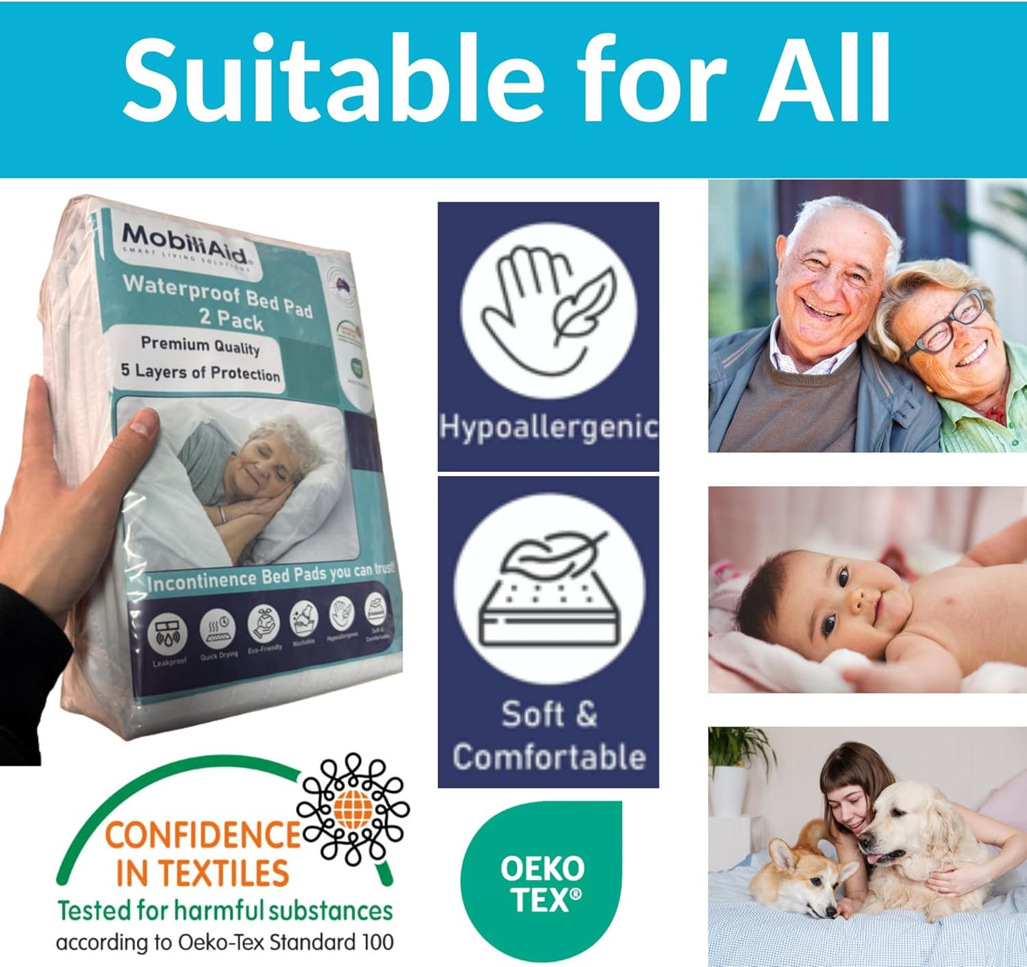 Waterproof Bed Pad - Premium 5Layer Protection - 132X86Cm Non-Slip Reusable Bed Wetting/Incontinence Pads - Waterproof Mattress Protector - Machine Washable - Breathable Maximum Comfort (4) image number 1