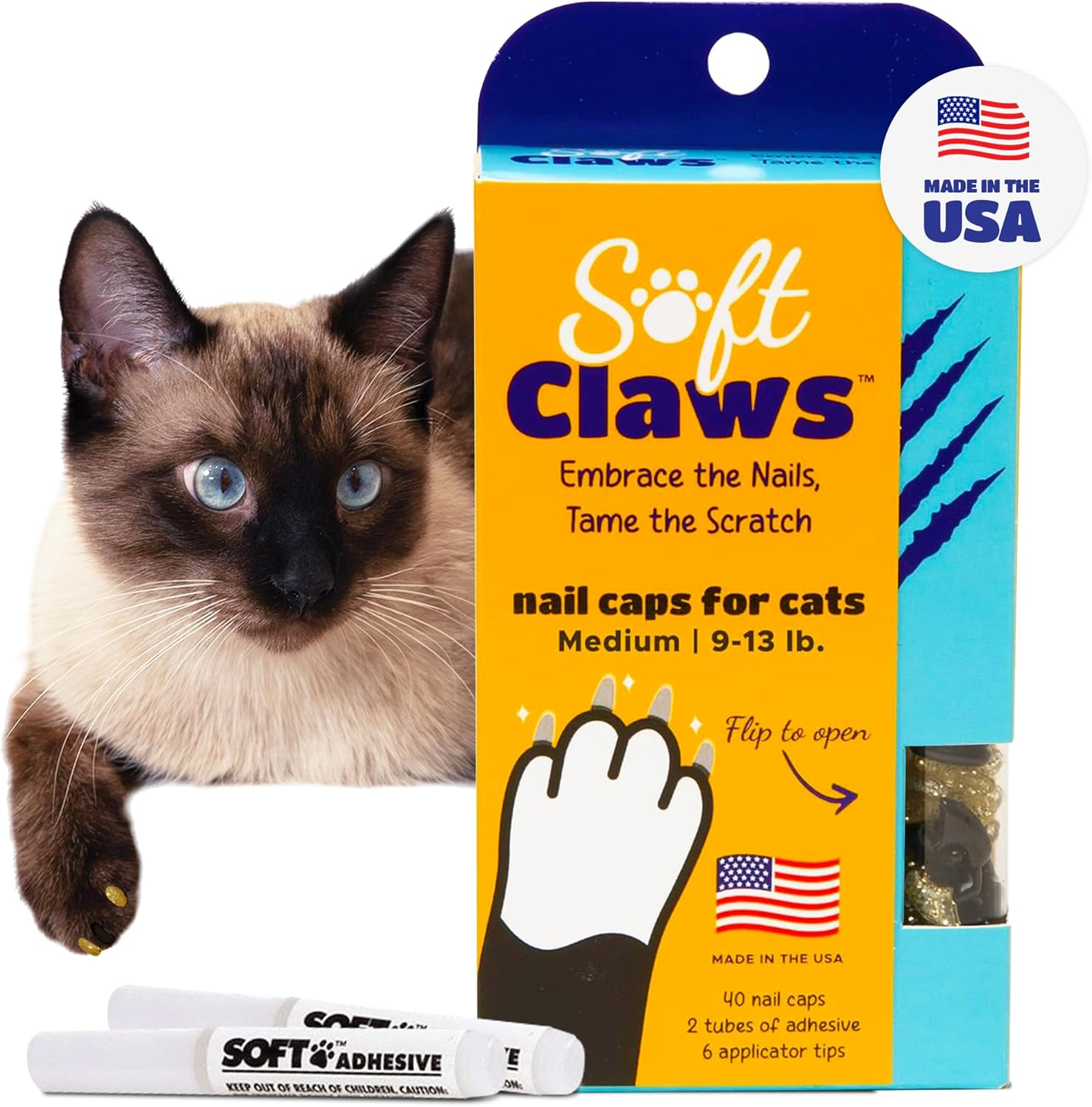 Soft Claws Cat Nail Caps for Medium Cats &ndash; (40 Caps, Blue & Gold) - Made in USA - Veterinarian-Developed | Protects Furniture & Skin - Easy to Apply, Long-Lasting Anti-Scratch Soft Cat Claw Covers