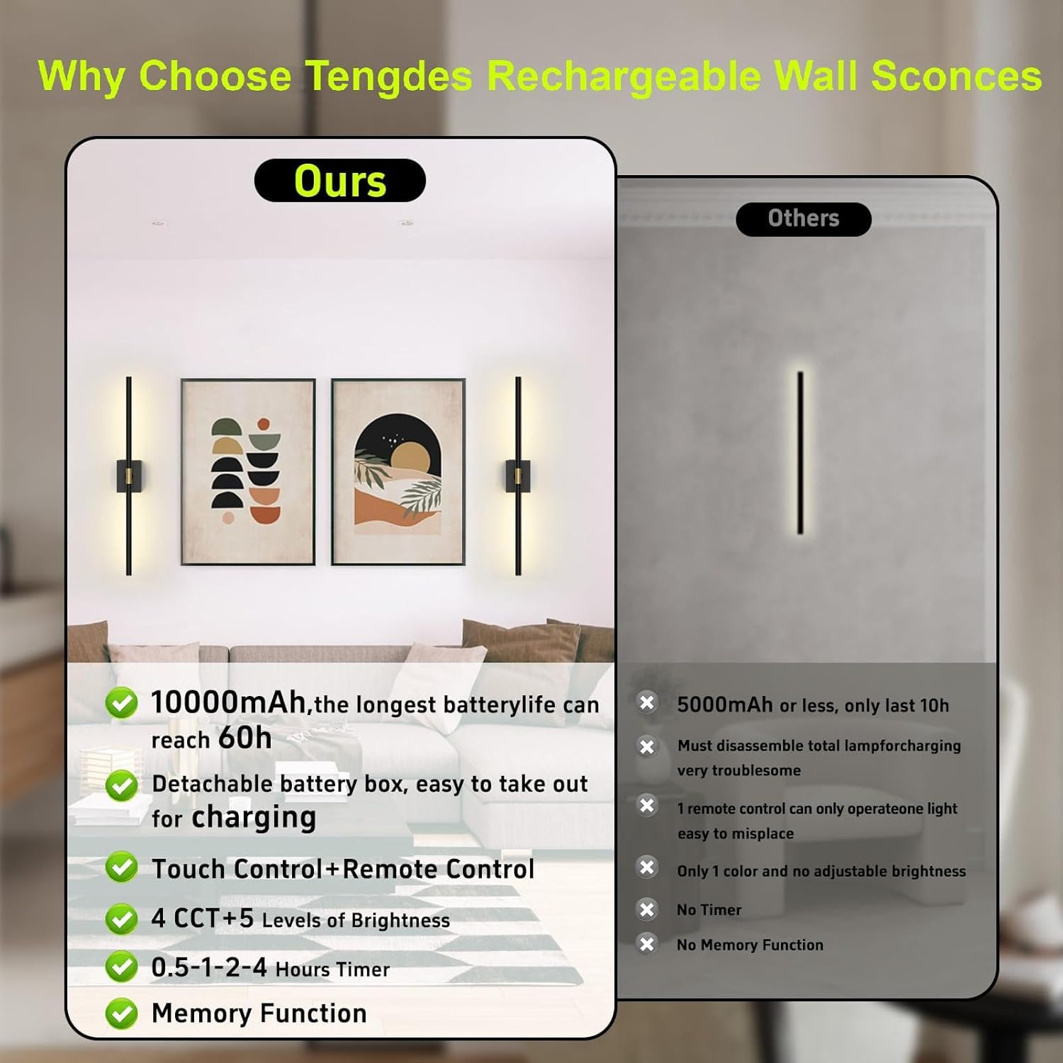 Battery Operated Wall Sconces Set of 2 &ndash; 10000Mah Rechargeable Wall Lights with Touch & Remote Control, 360&deg; Rotating Wireless Wall Lamps for Bedroom, Living Room, Hallway (80Cm, Black Gold) image number 3