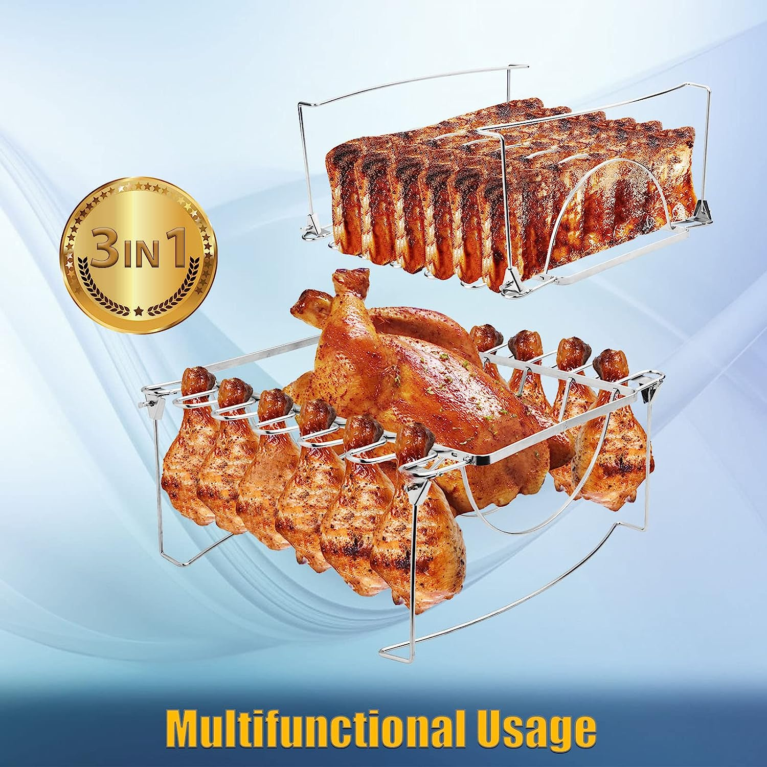 3-In-1 Rib Rack for Smoking & Chicken Leg Rack for Grill - Holds 6 Large Ribs, 12 Chicken Leg Wing, 1 Whole Chicken - Premium Foldable Space-Saving Chicken Drumstick Rib Racks for Grilling & Smoking image number 5