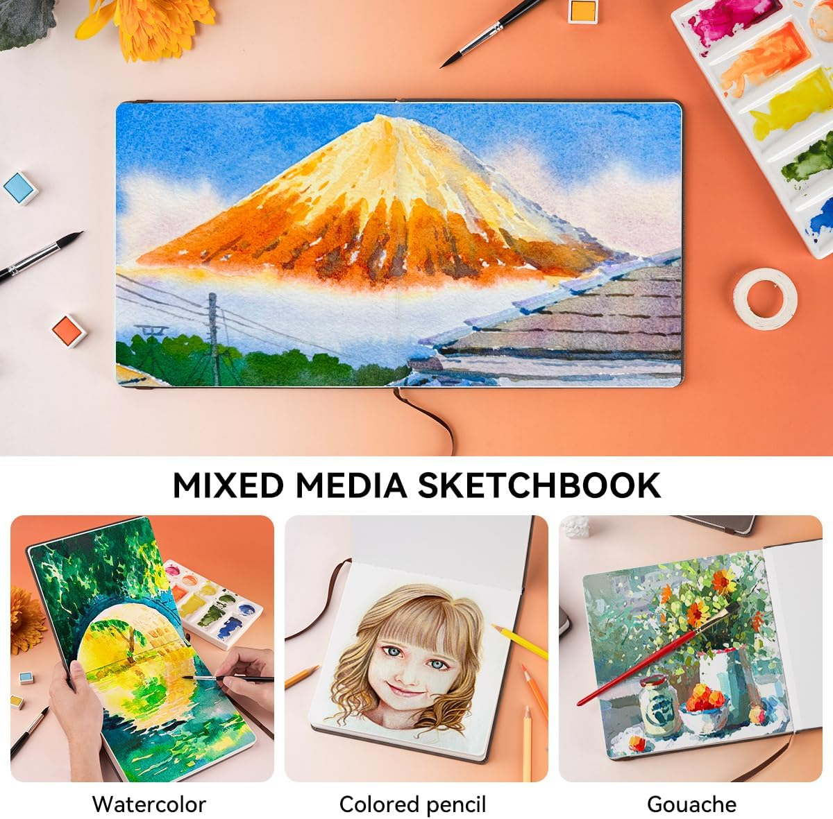 Lightwish Square Watercolor Journal, 100% Cotton Cold Press Watercolor Paper Sketchbook 7.48&rdquo;X 7.48&rdquo;, 20 Sheets (140Lb/300Gsm), Acid-Free for Watercolors, Gouache, Acrylics image number 4