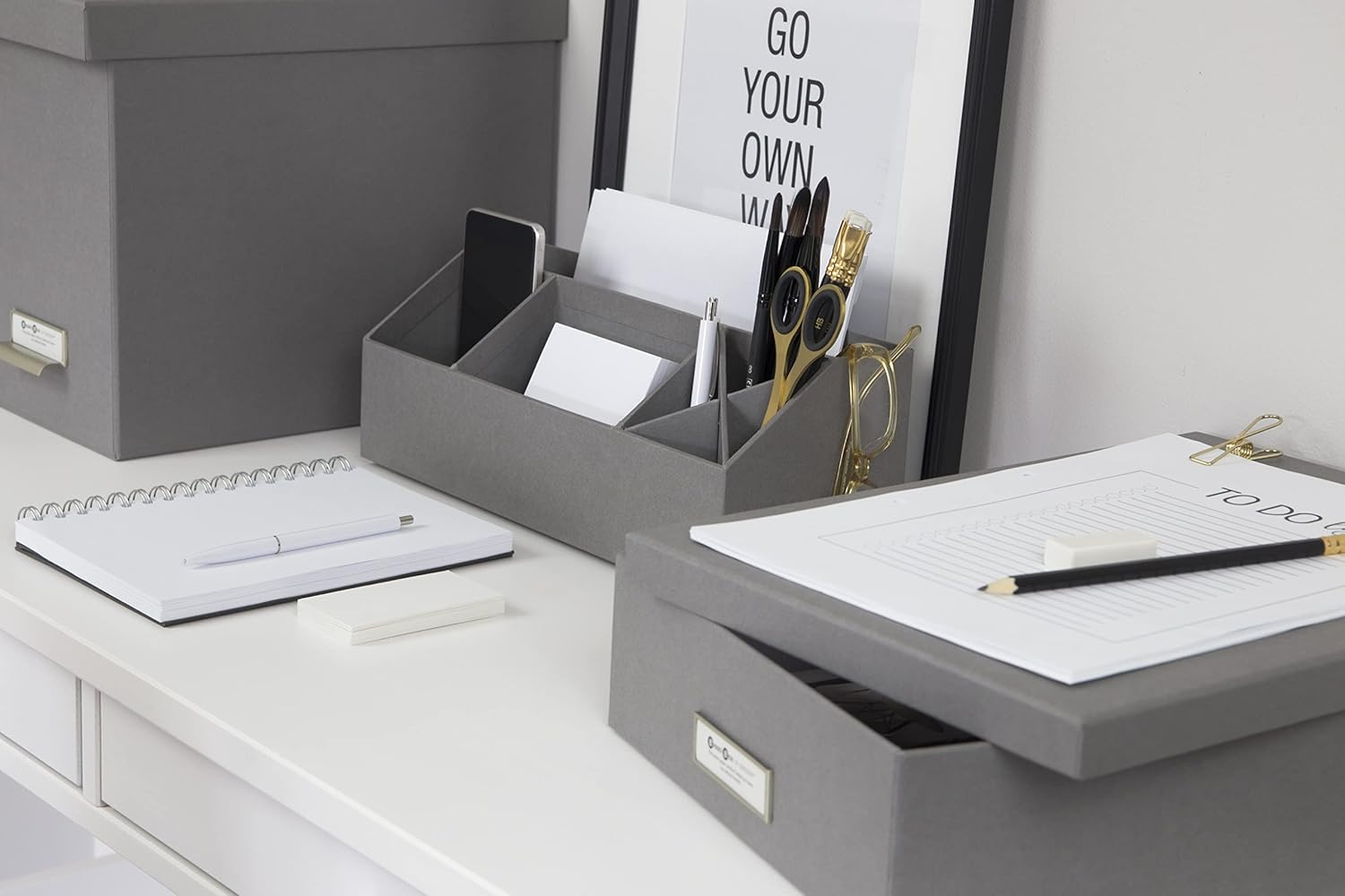 BIGSO BOX of SWEDEN ELISA Desk Organiser with 4 Compartments - Organiser System for Notes, Paper Clips, Pens Etc. - Fibreboard and Paper in Linen Look - Grey image number 1