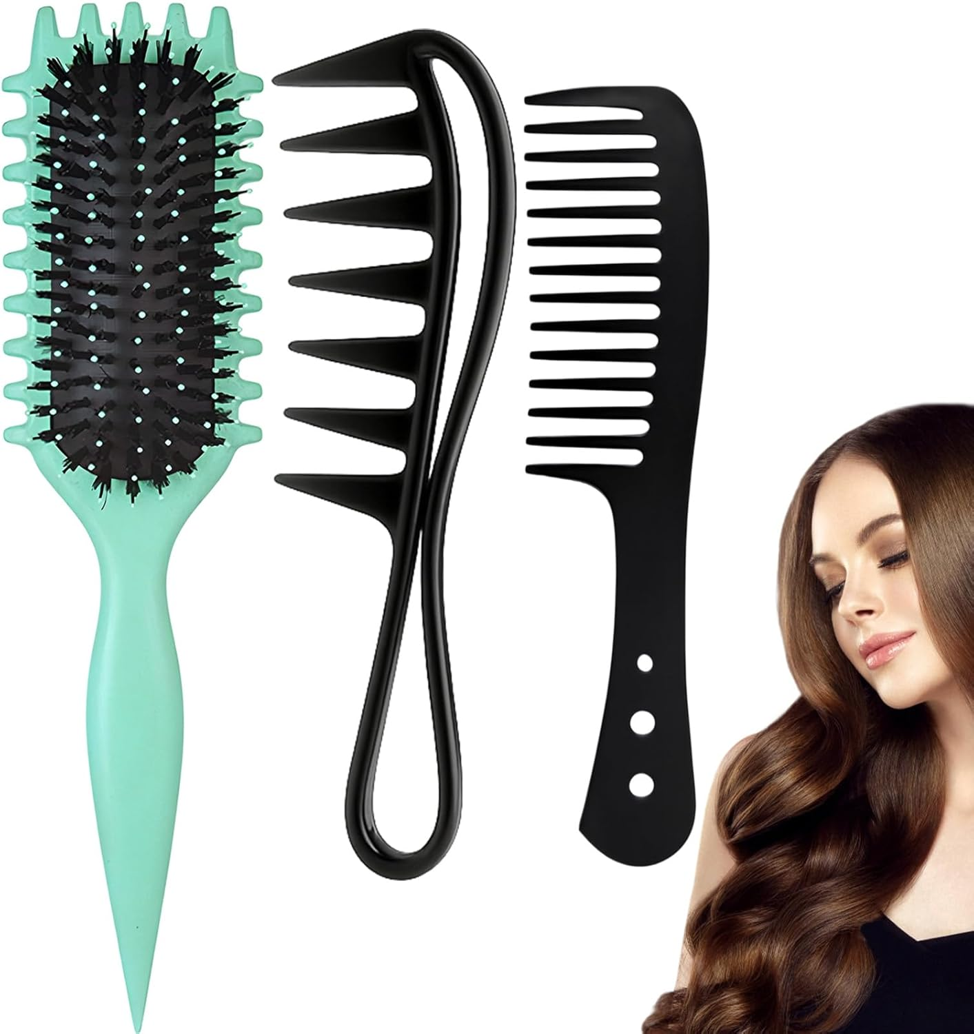 Pack of 3 Curling Brush, Hair Brush Curls, Green Curling Brush, Black Coarse Comb, Herringbone Comb, Ideal for Curls and Waves, Daily Styling and Travel image number 3