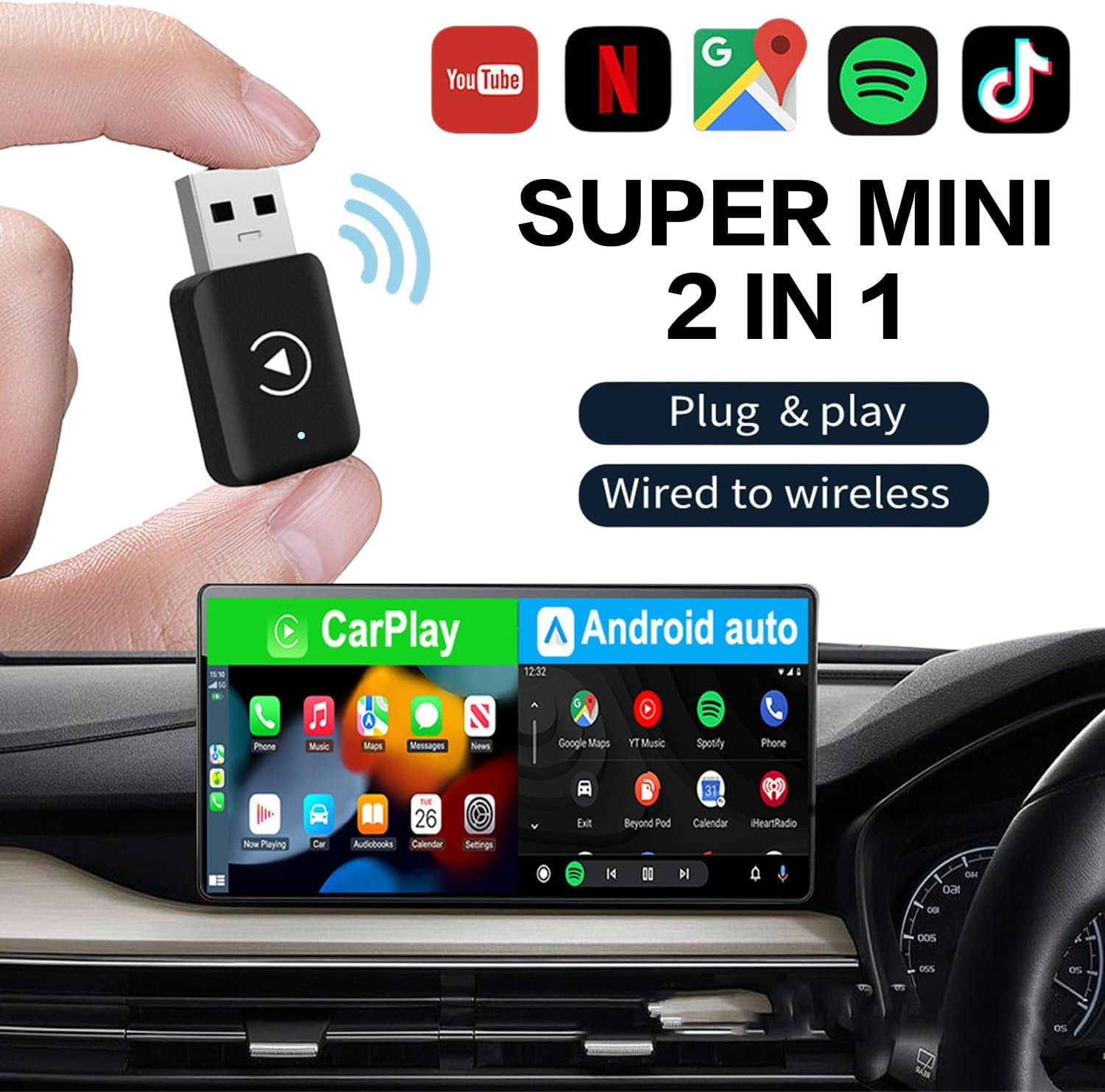 Kaoruo Carplay Adapter for Phone，Wireless Car Play Auto 2-In-1 Adapter，Convert Wired to Wireless Carplay Connector, Mini Size with Extension Usb-C/Type-C image number 2