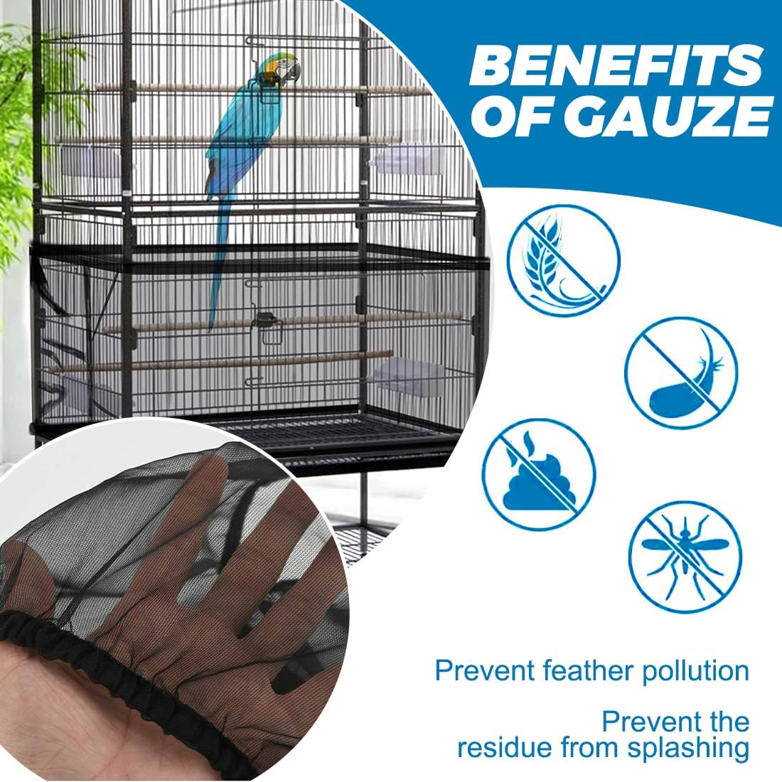 JEYORZY 1 X Bird Cage Cover, Adjustable Bird Cage Cover, Bird Cage Seed Catcher, Protective Net for Bird Cages, Parrots, Nylon Mesh, Suitable for Cages with a Circumference of 152-180 Cm, Black-L - Black-L image number 3