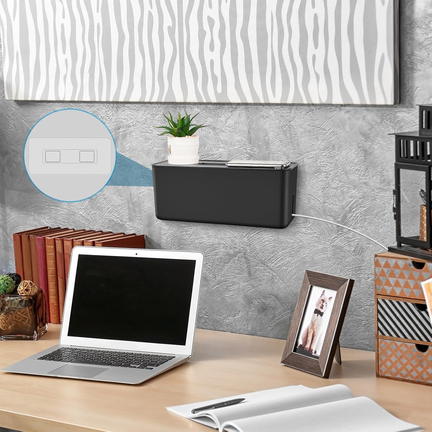 2 Pack Cable Management Box with Lid, Floor Outlet Hider and Cord Organizer for Desk, TV, Computer, USB Hub Systems, Cover Box to Hide Power Strips, Cords, and Surge Protectors image number 5