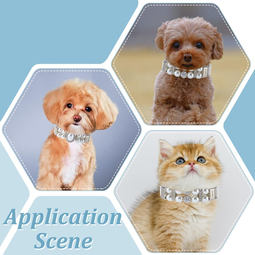 PLIGREAT 2 Styles White Pearl Collars for Dogs Bling Rhinestone Crystal Cat Collar Pet Bead Collar Necklace Adjustable Beads Leather Necklace for Puppies Cats Dogs Pets XS image number 2