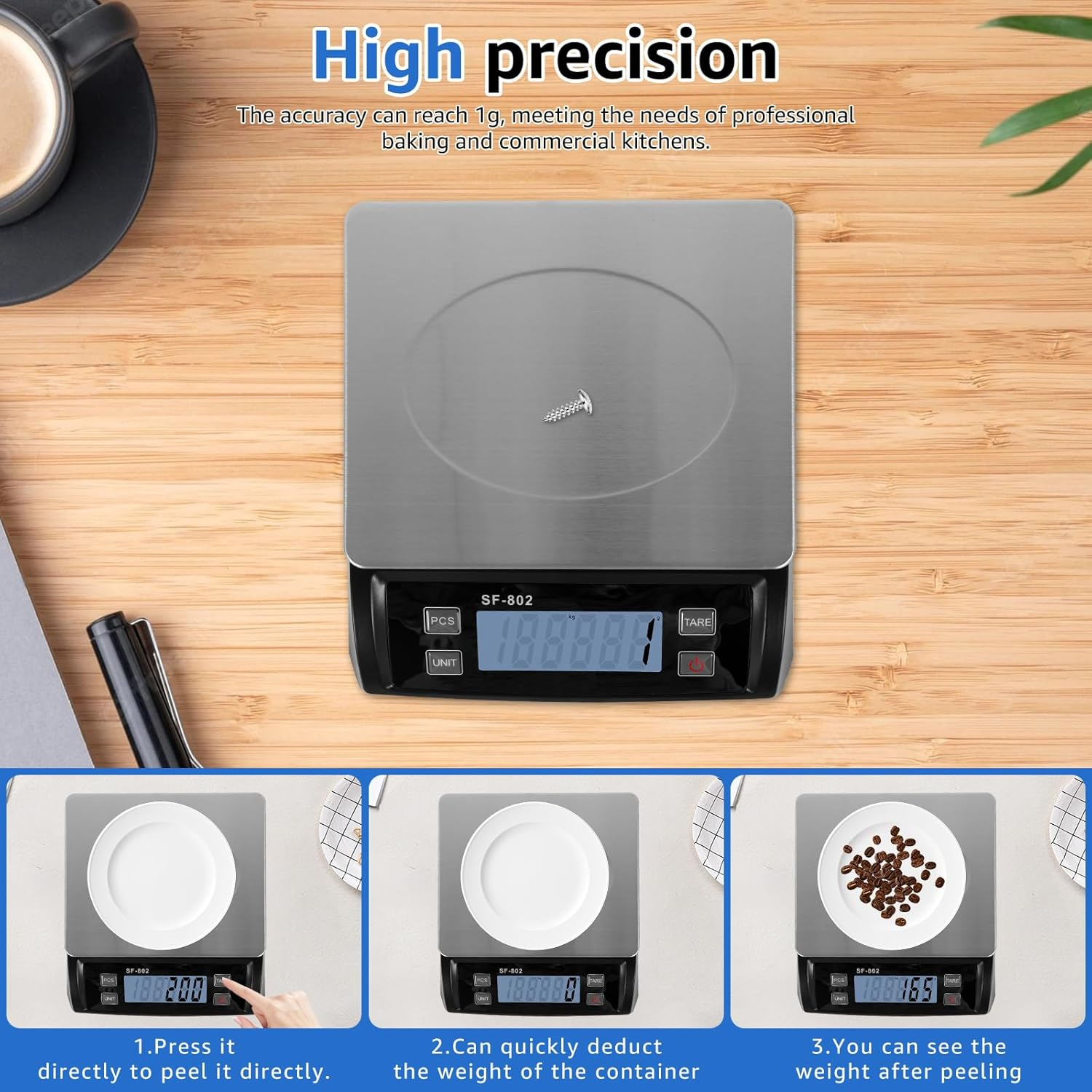 30Kg/66Lb Digital Food Scale Multifunctional Digital Kitchen Scale with LCD Display and Stainless Steel Cover for Baking Cooking Counting(Black-1-25 Cm-Weighing: 30Kg)