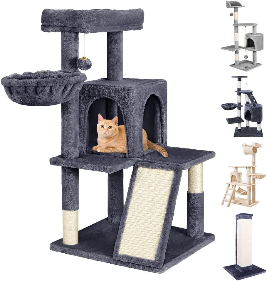 BEASTIE Cat Tree 100Cm Multi-Level Cat Tower with Scratching Posts, Cat Condo Play House Wood Furniture for Kittens Climbing and Rest, Sisal-Covered Cat Scratcher Tower with Plush Perch in Grey Colour
