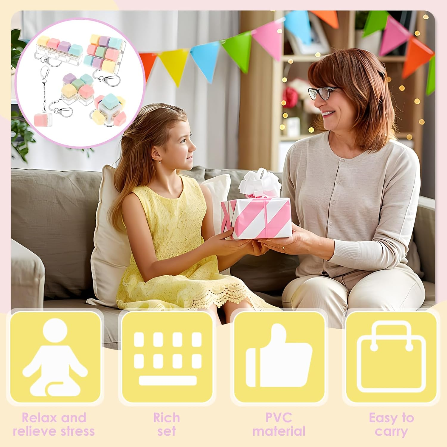 5Pcs Keyboard Toy Decompression Toys Keyboard Clicker Toy Portable Mechanical Keyboard Keychain Skin Picking Keyboard Toy Funny Cube Key Button for Adults image number 5