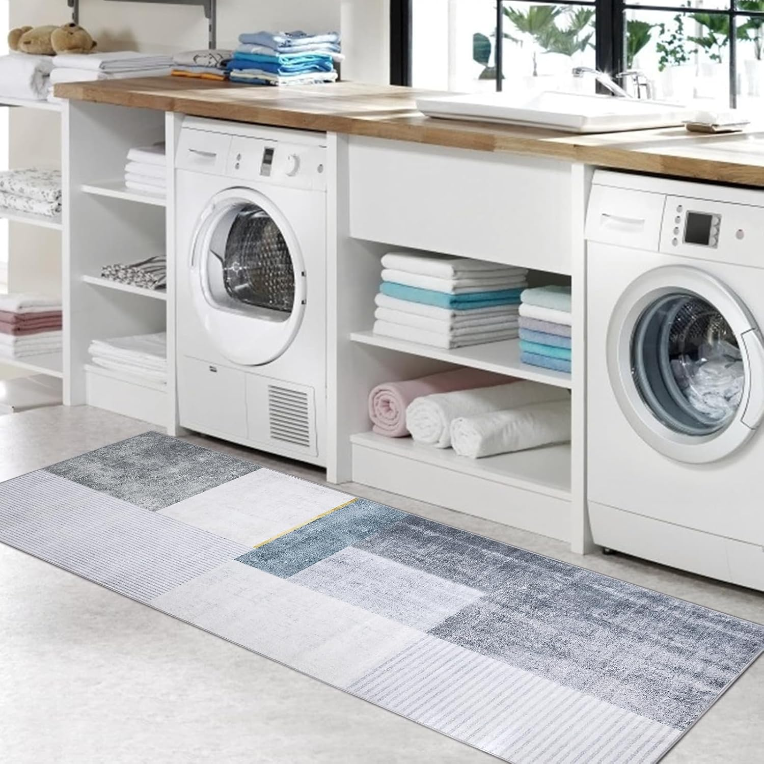 Calore Carpet Runners for Hallways Non Slip Washable Runner Rugs Long Soft Kitchen Runner Grey Hallway Hall Runners for Bedroom Hallways Living Room Kitchen (Grey/Light Blue, 60X120Cm)