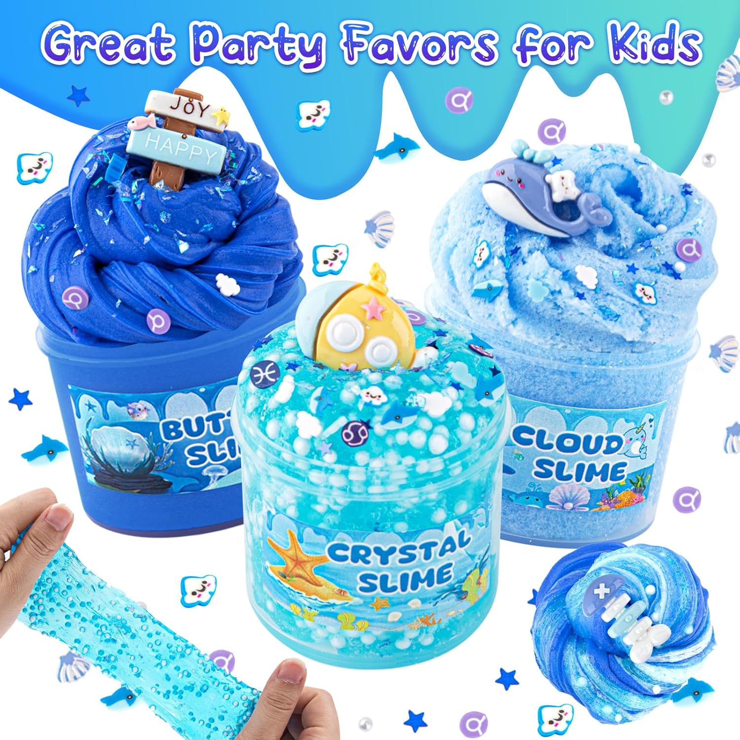 6 Packs Gradient Blue Slime Kit - Cloud Slime, Butter Slime & Clear Slime, Crunchyslime for Kids with Various Add-Ins, Non Sticky Party Favors for Girls and Boys, 360Ml Kids Slime (Ocean) image number 4