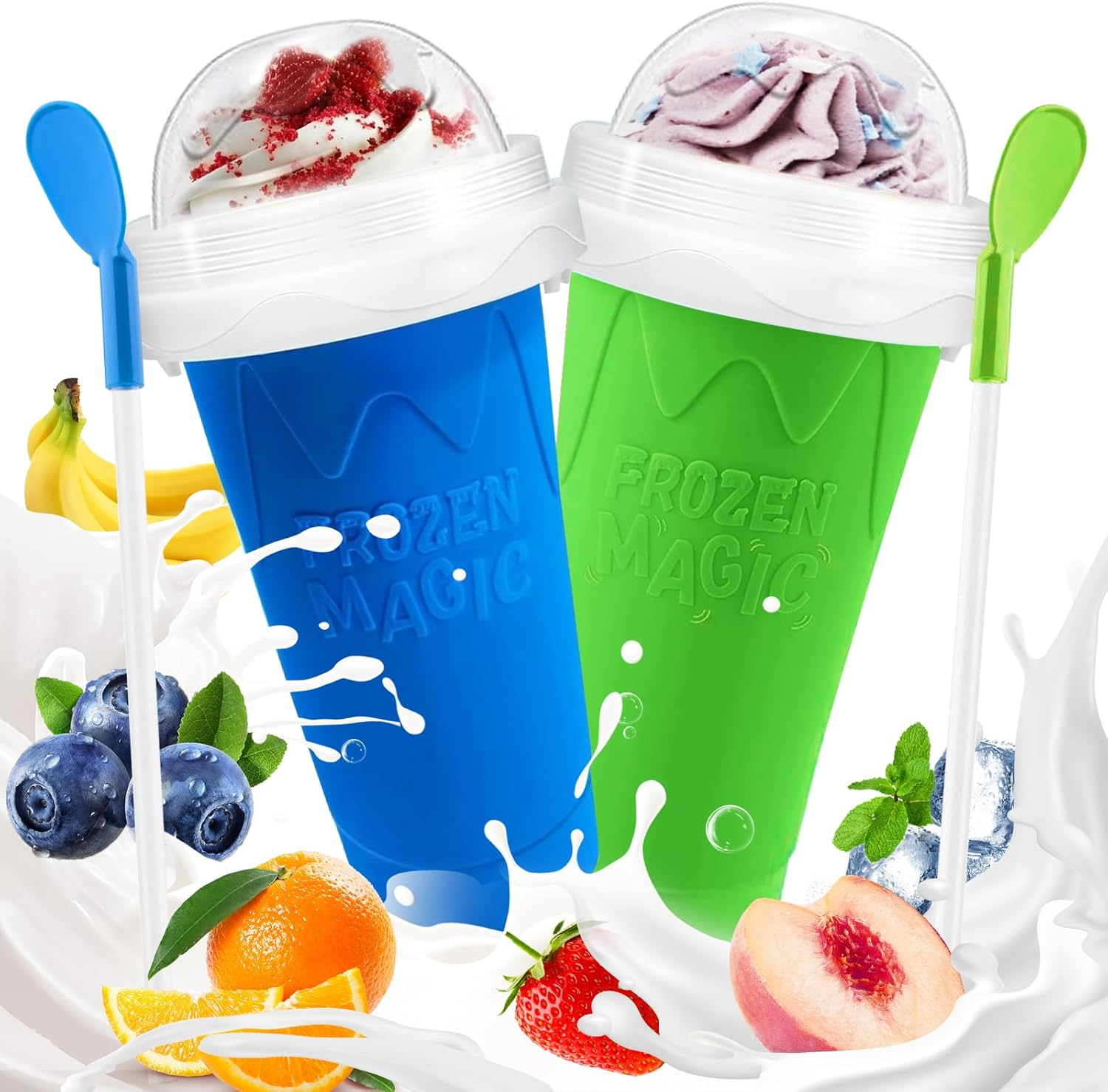 FANS-ONE Slushie Cup, 2 Pack Slushy Maker Cup, Frozen Magic Squeeze Cups for Juice Milk Yogurt Ice Cream Make, DIY Smoothie Cooling Cup with Lid & Straw for Kids Friends Family (Blue+Green) image number 2