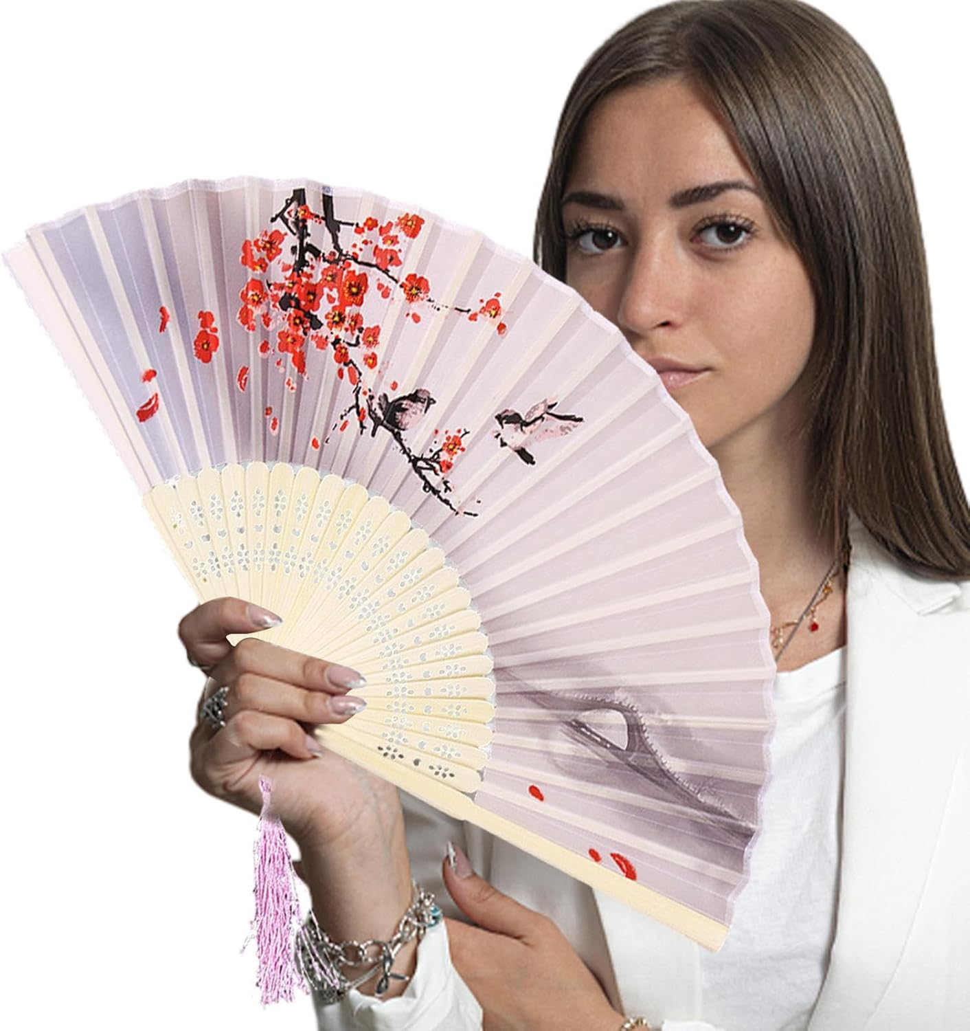 Small Folding Hand Fan - Japanese Silk Folding Fans | with Tassels Silk Bamboo Tassel Fan Antiquity Chinese Fan for Dance Bamboos Fan Manolyee - Style 7 image number 5