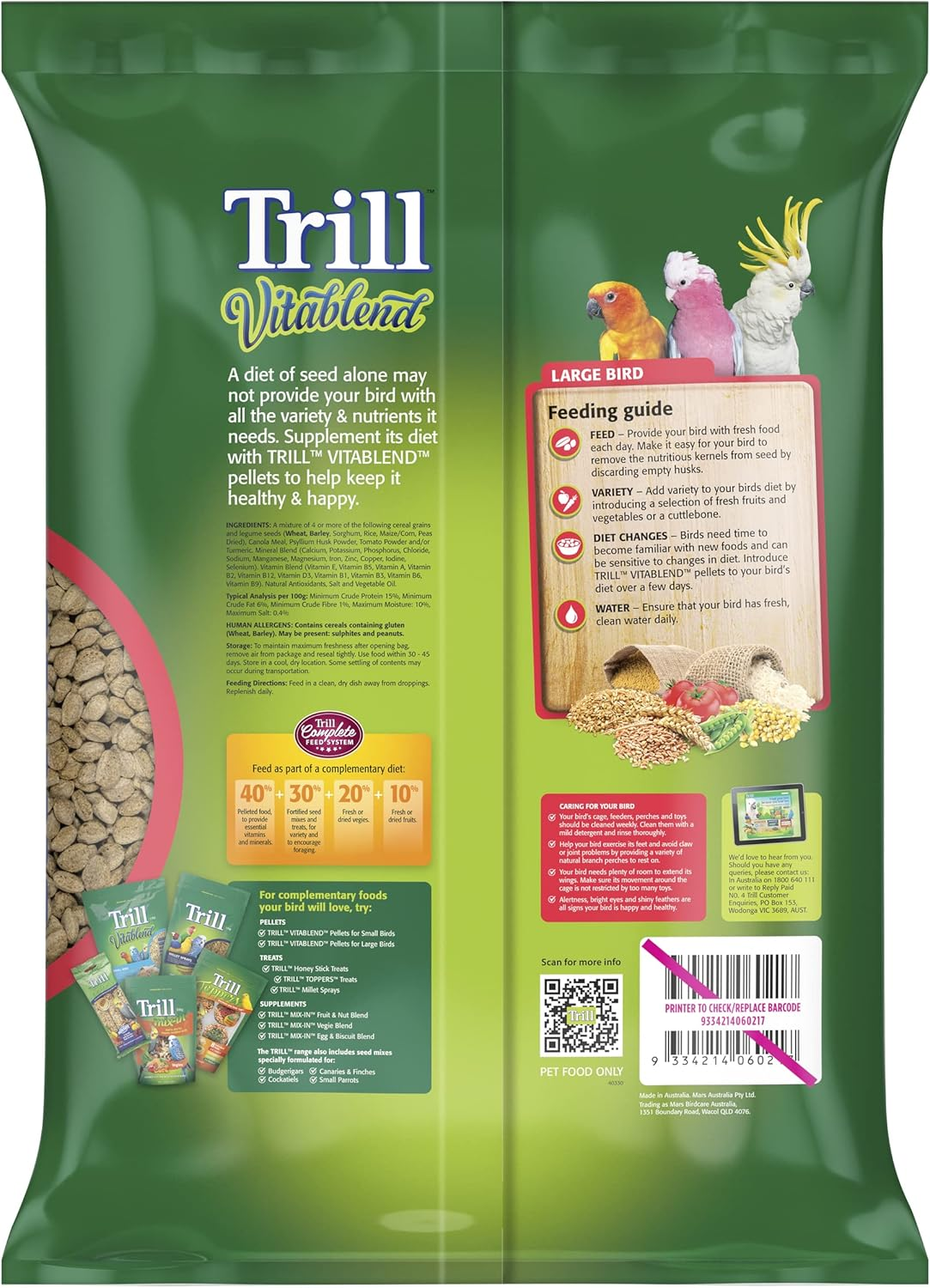 Trill Vitablend Large Bird Food 6Kg, Pellets &ndash; Nutrient-Filled Pellets &ndash; Bird Food &ndash; Suitable for Large Parrots Such as Sun Conures, Galahs & Cockatoos. image number 3