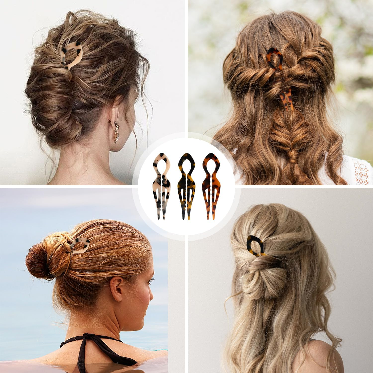 SYEYCW Pack of 3 French Hair Pins, French U-Shaped Hairpins, Acetate Hair Styling for Bun and Updos, Durable Hair Pins for Thick, Fine, Long Hair, 3 Colours
