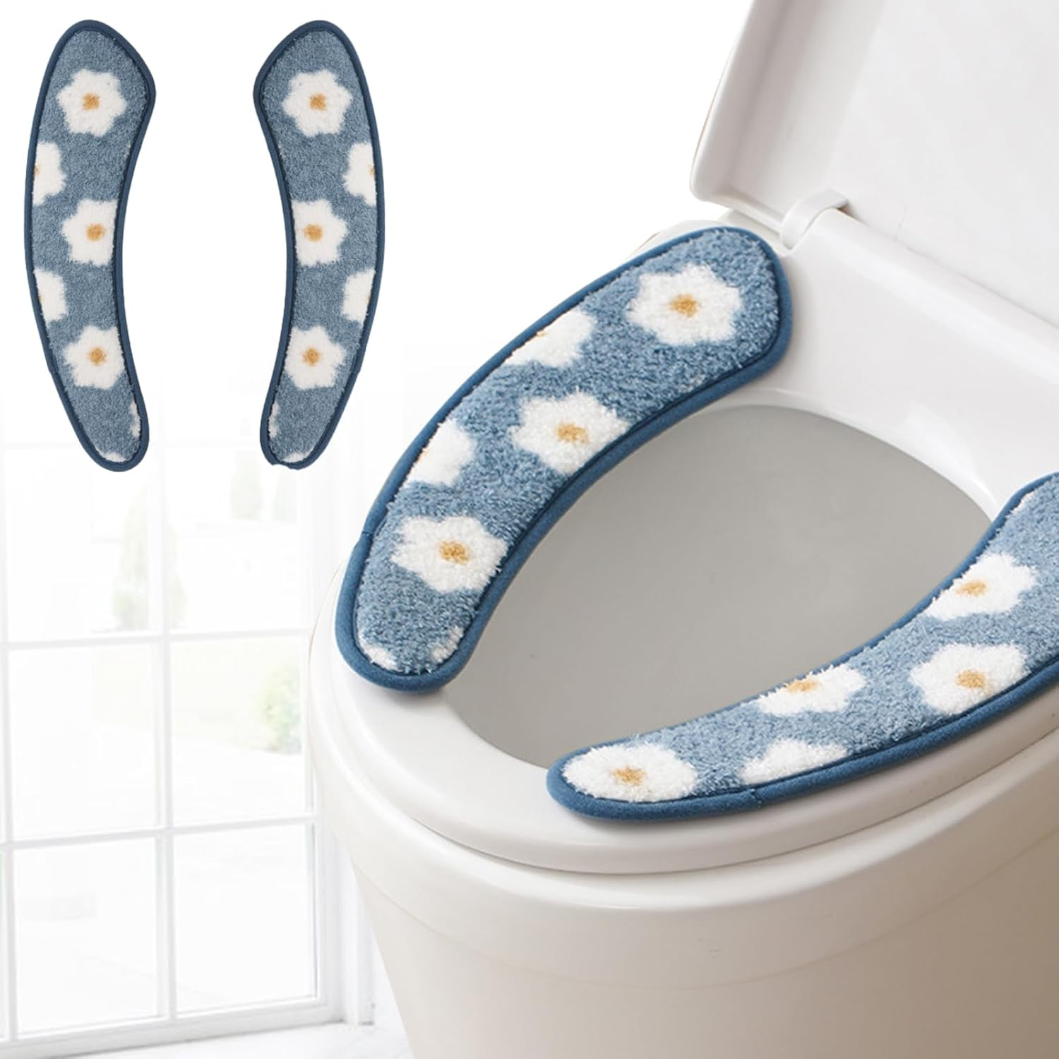 Thick and Warm Toilet Seat Cover &ndash; Washable, Reusable Cushion with TPR Adhesive & Floral Pattern for Comfort & Insulation (Blue)