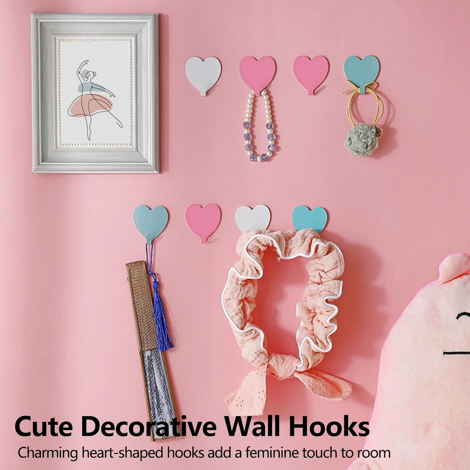 Heart Wall Hooks, 8 Pack, Cute Pink Decorative Accessories, Purse Hanger for Girls Room, Stainless Steel, Sturdy Adhesive for Hanging Keys, Bags, Towels, Clothes image number 2