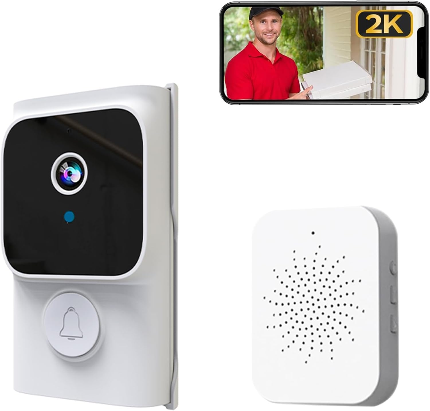 Wireless Doorbell Camera with Chime 2K HD, Wifi Video Doorbell Camera with Voice Changer, Motion Detector, Anti-Theft Device, Night Vision, 2-Way Audio (White)