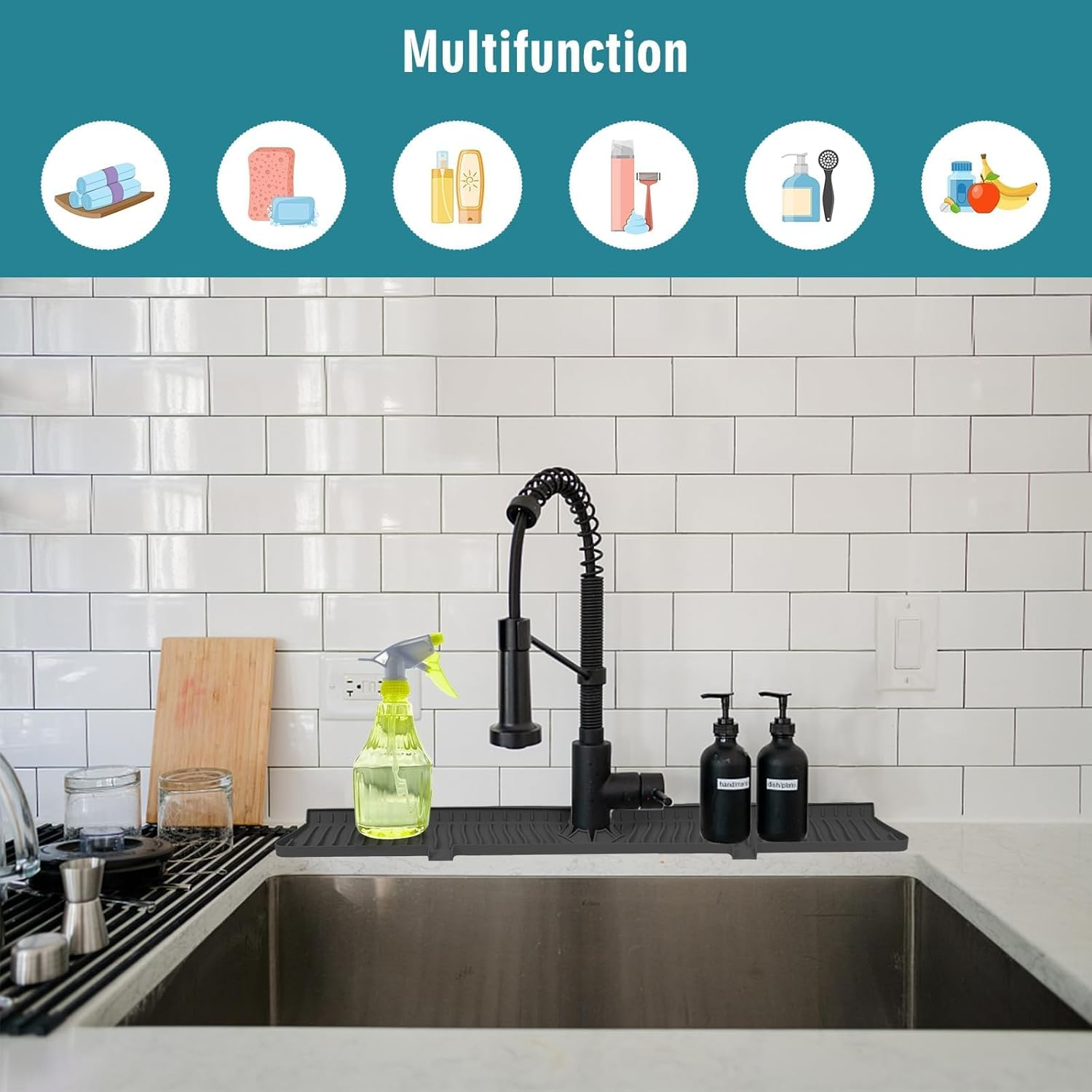 YOKONICO Kitchen Sink Splash Guard 75Cm / 30 Inch, Silicone Foldable Faucet Handle Drip Catcher Tray, Longer Drying Mat for Kitchen & Bathroom Countertop Protect, Drip Protector Splash Countertop image number 2