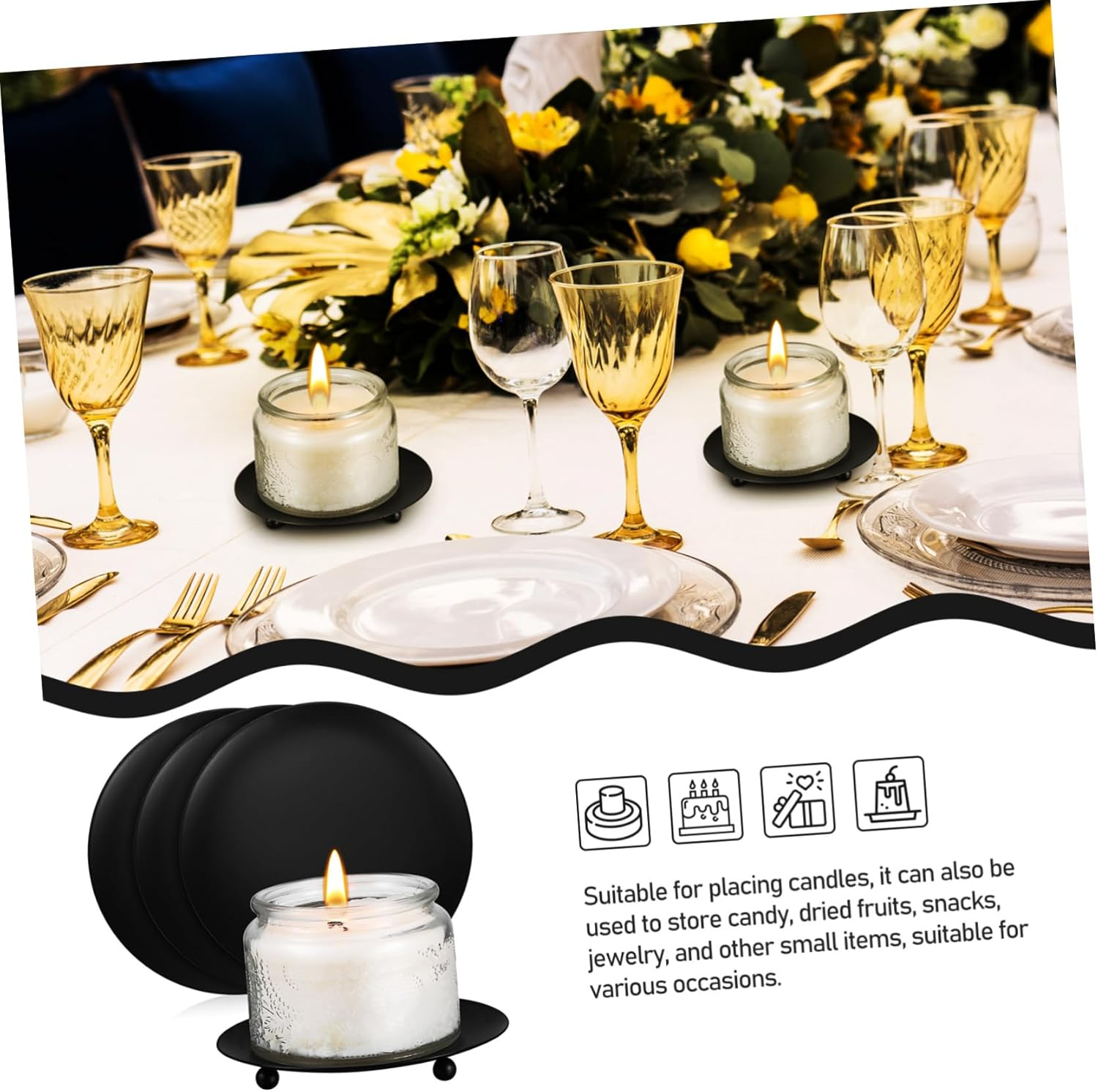 LABRIMP 4-Piece Black Iron Candle Holder Set 10Cm Geometric Candle Plates for Pillar Decorative Stands for Weddings and Parties