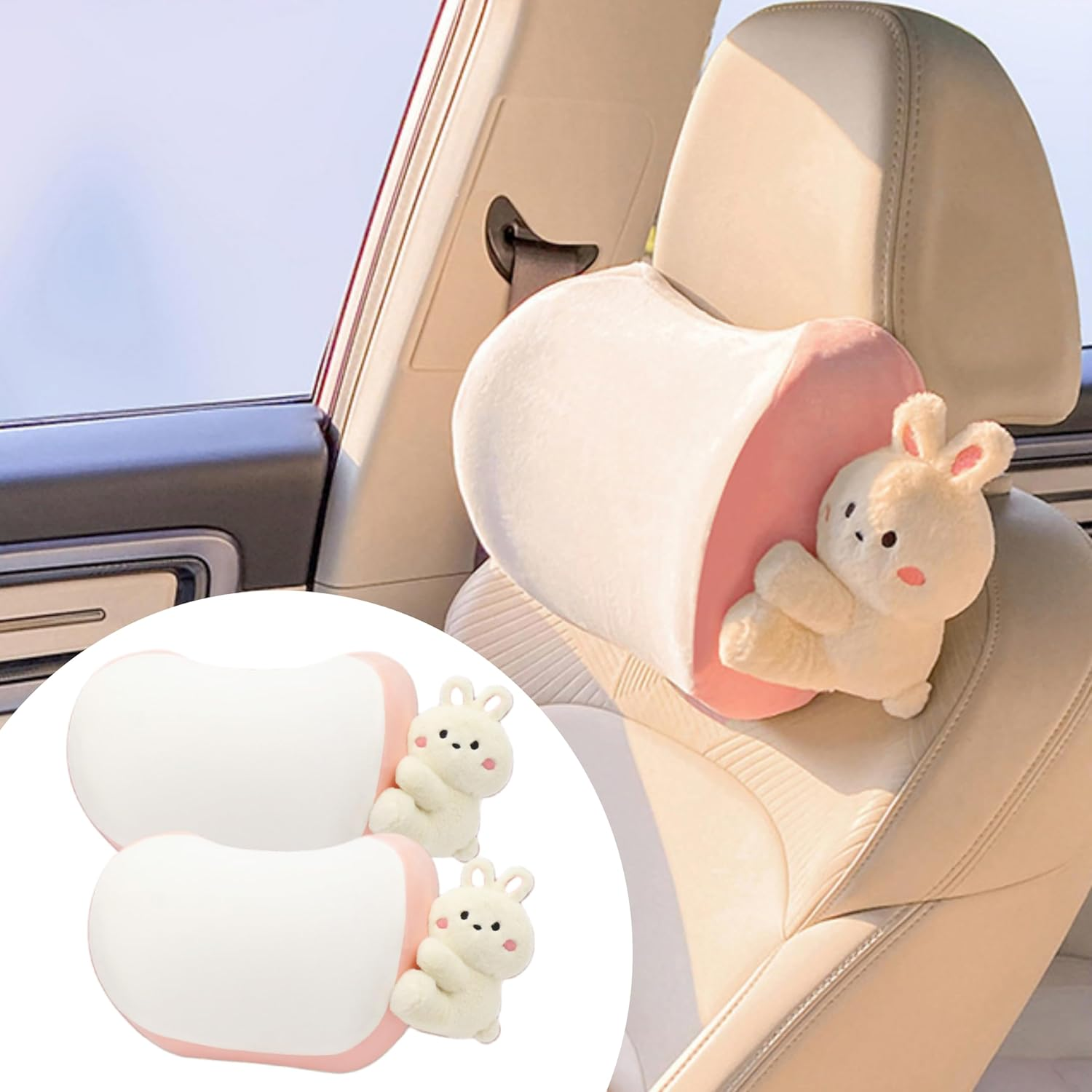 Car Headrest Pillow 2PCS Plush Bear ＆ Bunny Car Seat Headrest Pillow - Memory Foam Neck Support Cushions for Comfortable Driving, Easy Install & Washable (Pink) - Black Panda image number 6