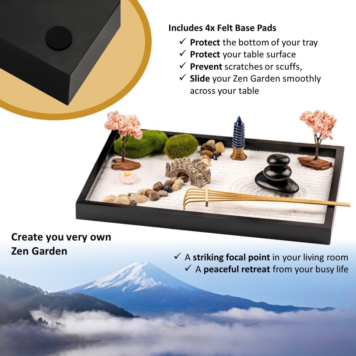 Island Falls Home Zen Garden Kit 11X8In. Beautiful Japanese Decor Mini Rock Feature Gift Set for Home, Office Desk. Zen Sand Garden, 6 Tools, 15 Accessories. Sand Tray Therapy Desktop Meditation Room image number 1