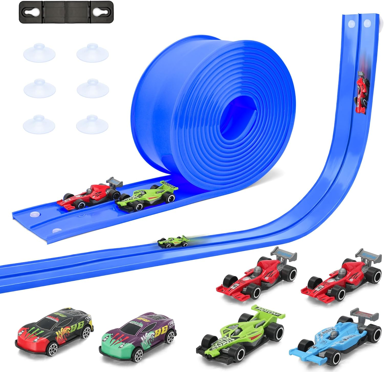 OMIPAWZ 15 Ft / 450 Cm Double Sided Flexible Rack Track Set with 6 Toy Cars for Kids image number 5