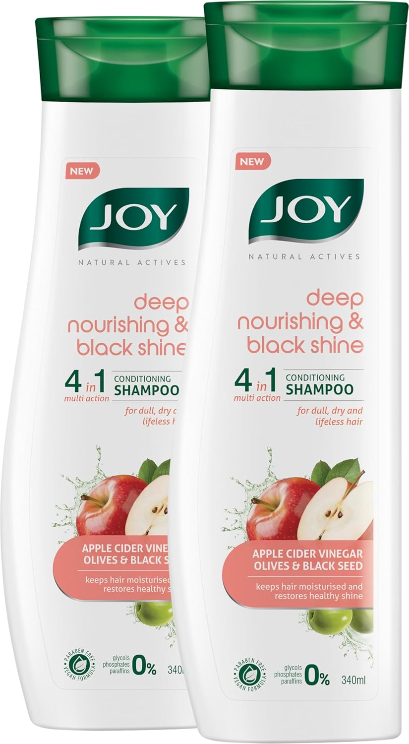 Joy Natural Actives Deep Nourishing & Black Shine 4 in 1 Multi Action Conditioning Shampoo for Dull Hair | with Apple Cider Vinegar, Amla, Back Seed & Olive Oil |(Pack of 2 X 340Ml) image number 2