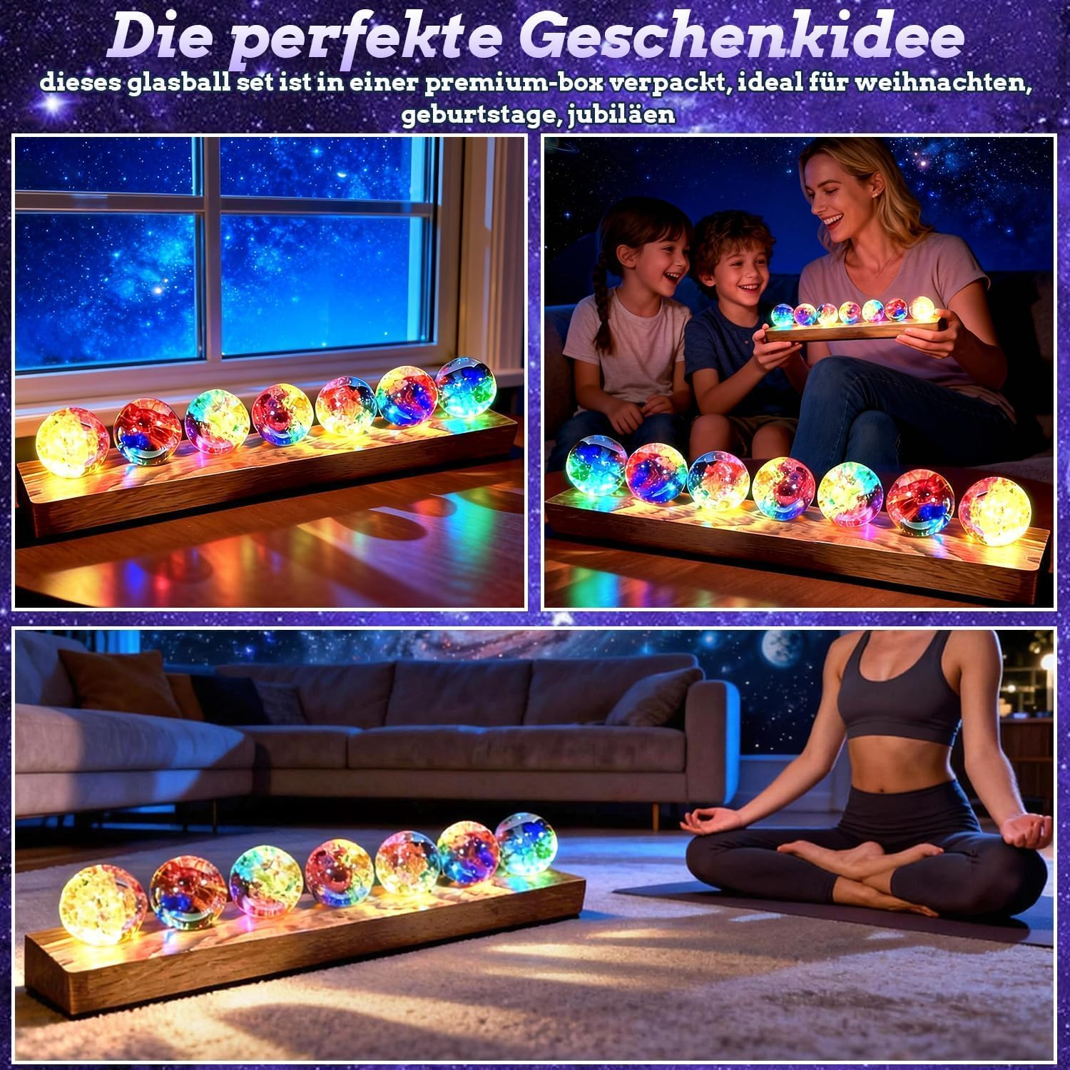 3D Crystal Ball Night Light, LED Ball, Pack of 7 Colourful Glass Crystal Balls with LED Wooden Base, 40 Mm Glass Ball Planet Lamp, Decorative Colourful Crystal Ball for Night Light, Ornaments image number 4