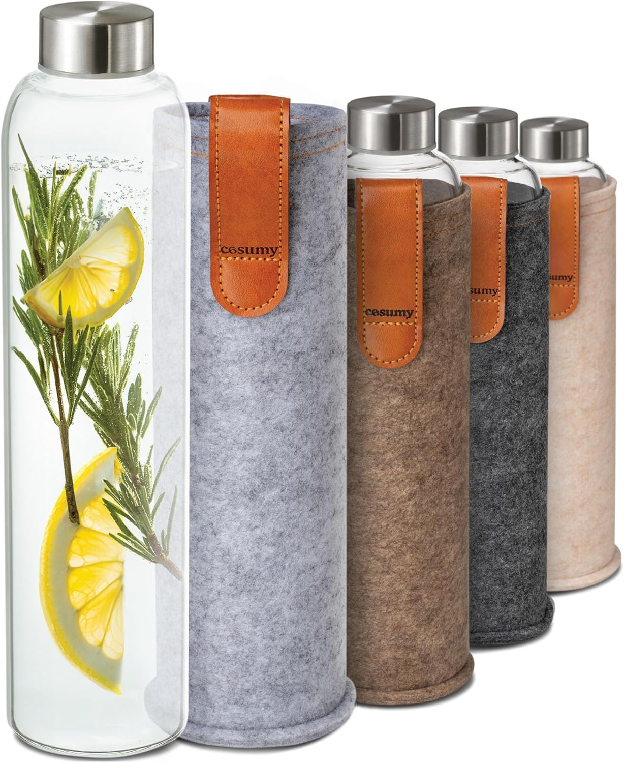 Cosumy Glass Water Bottle with Felt Bag, 750 Ml, Dishwasher Safe, Leak-Proof, Bpa-Free, Suitable for Carbonated Drinks, Beige