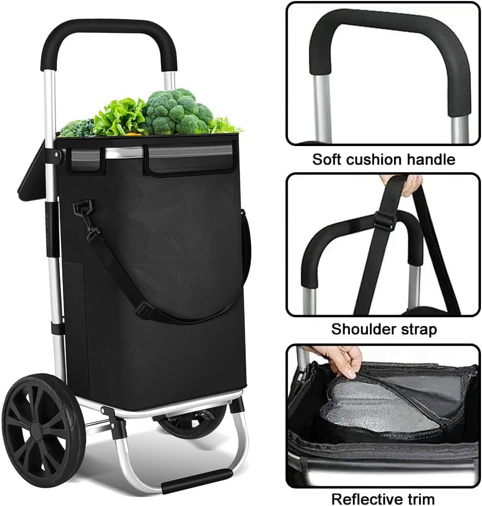 Foldable Shopping Cart ，With Wheeled Handcart, Waterproof, Lightweight and Multifunctional, 45L Folding Grocery Bag Basket, Aluminum Shopping Cart (Black) image number 6