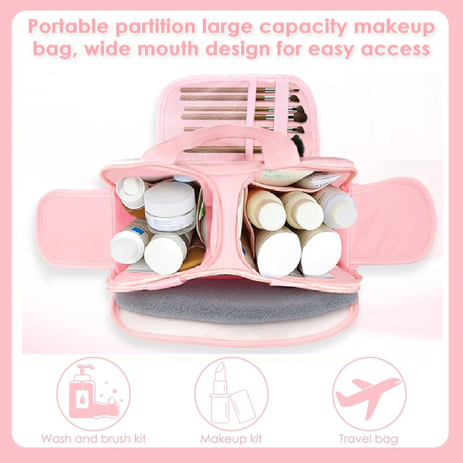 Teccfly Travel Toiletry Bag,Puff Large Capacity Cosmetic Bag,Makeup Bag with Handle for Women,Travel Bags with Wide Open Design for Makeup Toiletry,Accessories & Essentials,Valentine'S Day Gift(Pink) image number 4