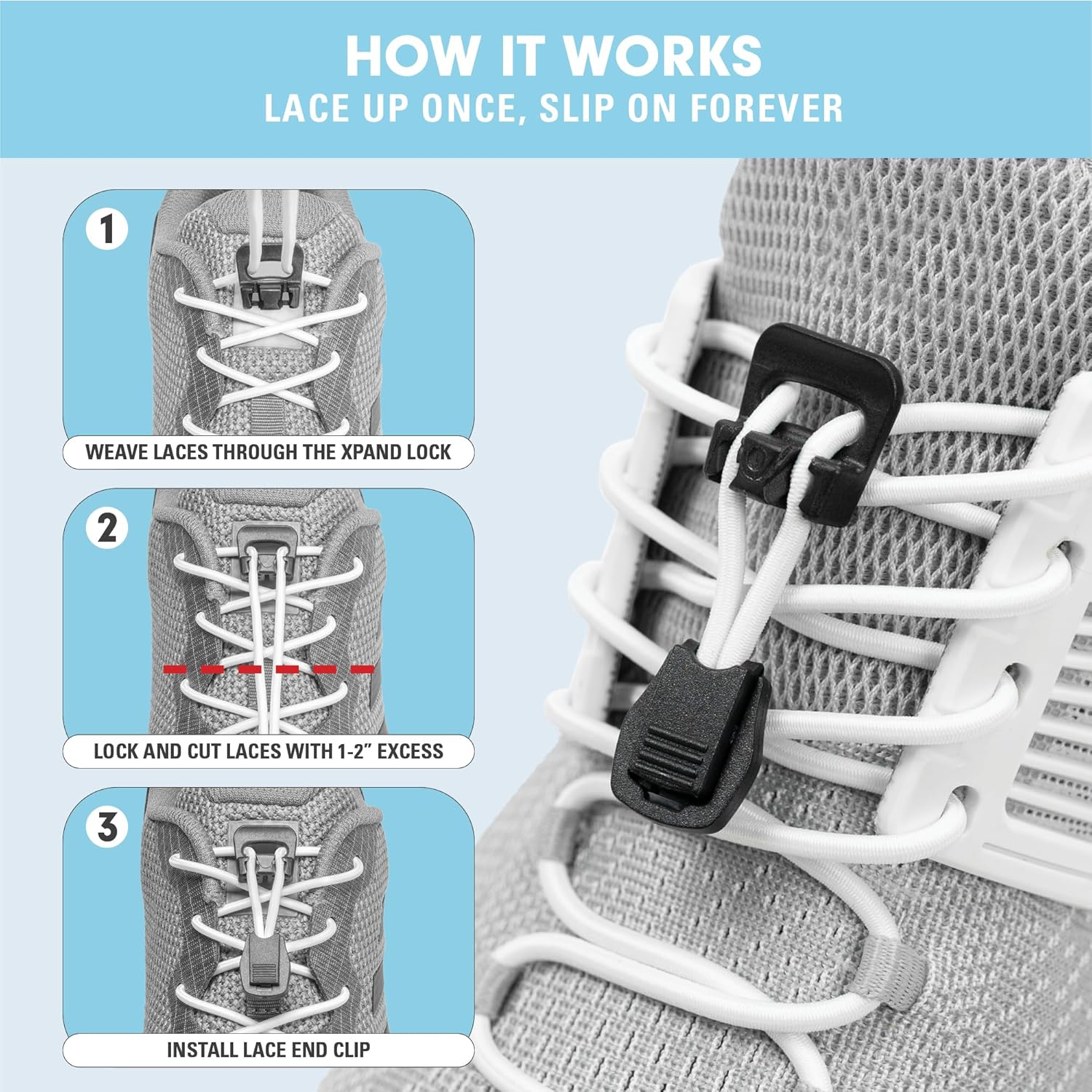 Xpand Quick Release Round-Lacing No Tie Shoelaces System with Elastic Laces - One Size Fits All Adult and Kids Shoes (Gray, 132 Cm) image number 5