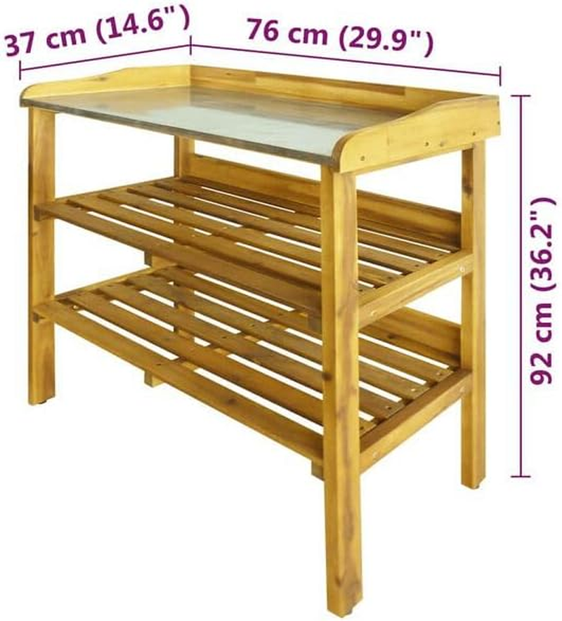 Potting Bench, Garden Potting Bench Tables with 2-Tier Shelves, Outdoor Wooden Work Station with Top Zinc Liner, Country Style Gardening Table for outside Garden/Porch, Brown, 29.9X14.6X36.2 image number 5